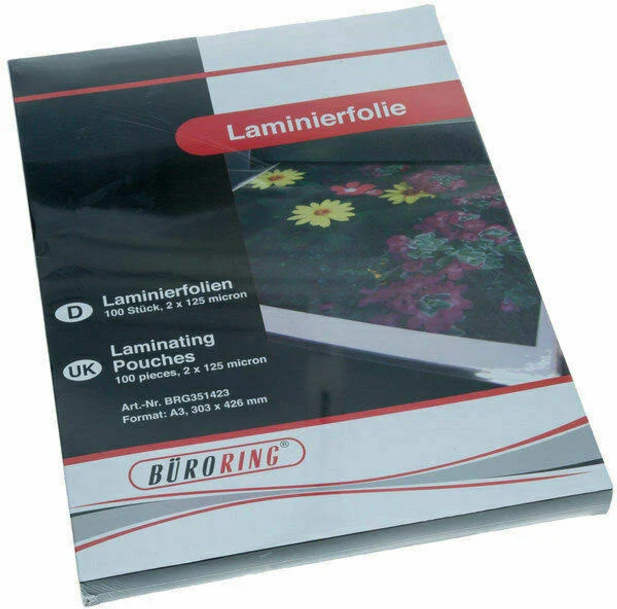 Laminierfolien-Packung. Schwarz, Rot, Weiß. Produktinformationsetikett.