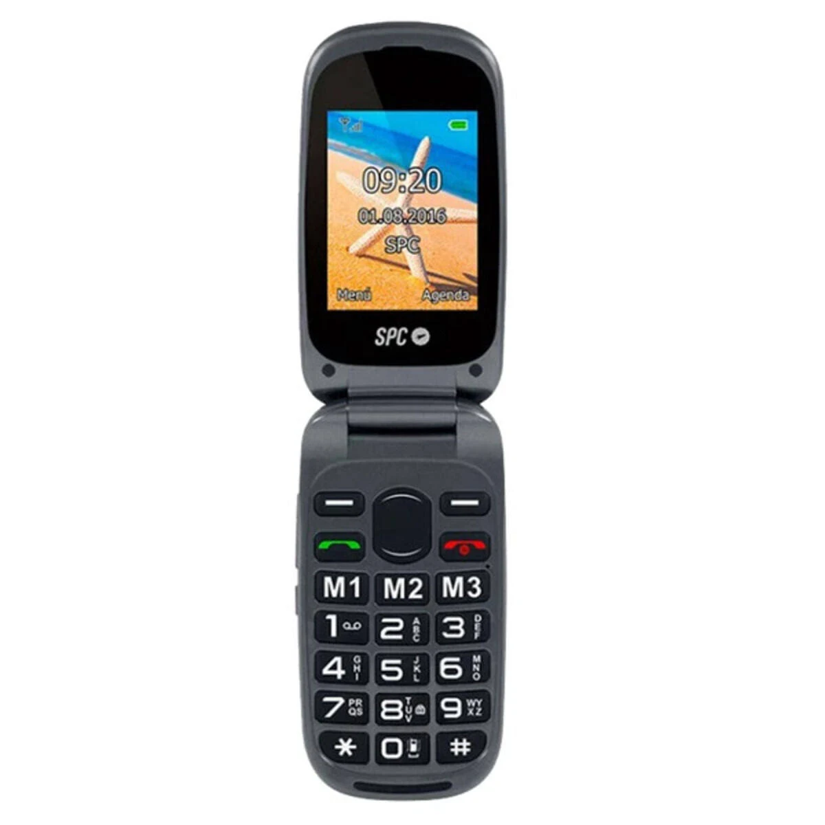 Telefono a conchiglia grigio aperto, con schermo che mostra ora e menu.