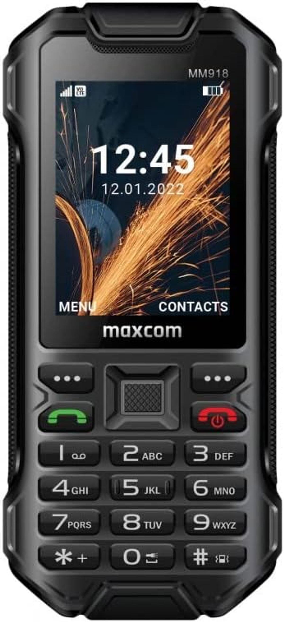 Ein schwarzes, robustes Telefon mit einem Bildschirm, der die Uhrzeit, das Datum und ein Funkenbild anzeigt. Tasten sind sichtbar.