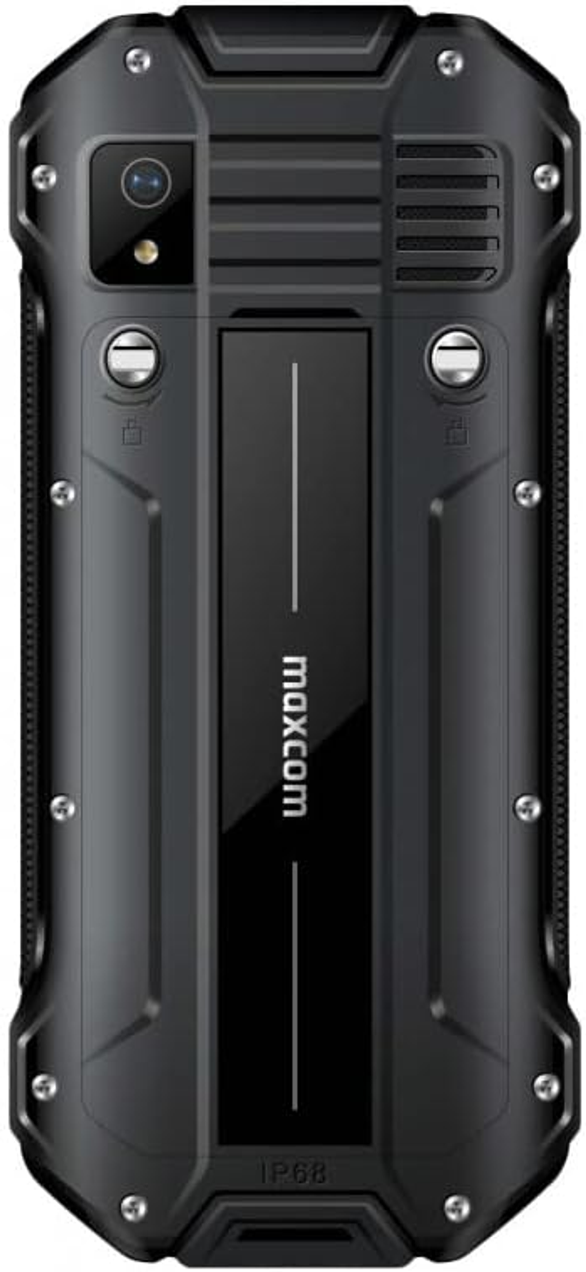 Schwarzes, robustes Telefon mit Dual-Kamera und dem Wort 'maxcom' auf der Rückseite.