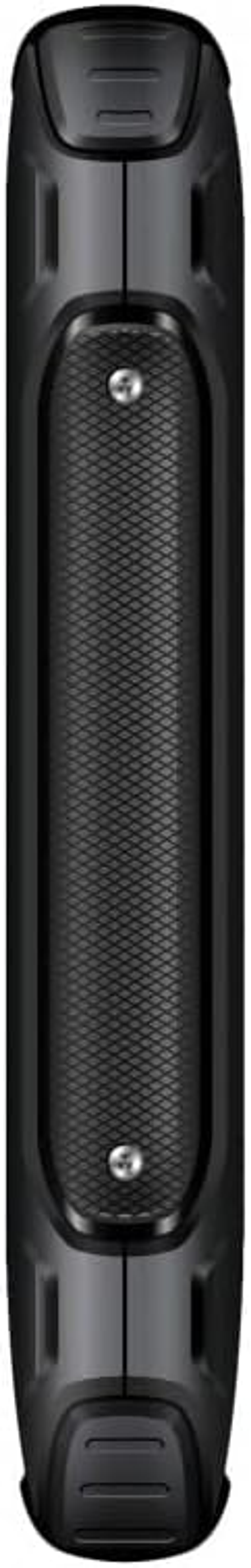 Ein schwarzes, robustes Smartphone mit strukturierter Rückseite und zwei sichtbaren Schrauben.