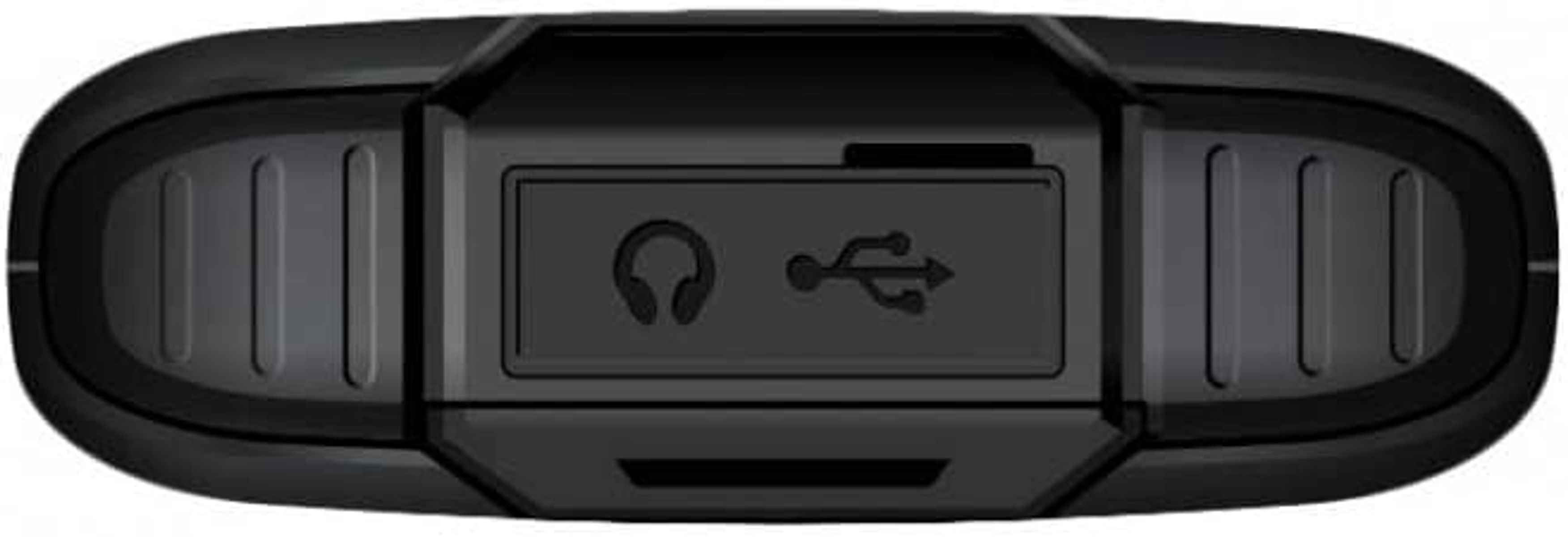 Unterseite eines schwarzen Geräts mit Kopfhöreranschluss, USB-Anschluss und schwarzem Rechteck.