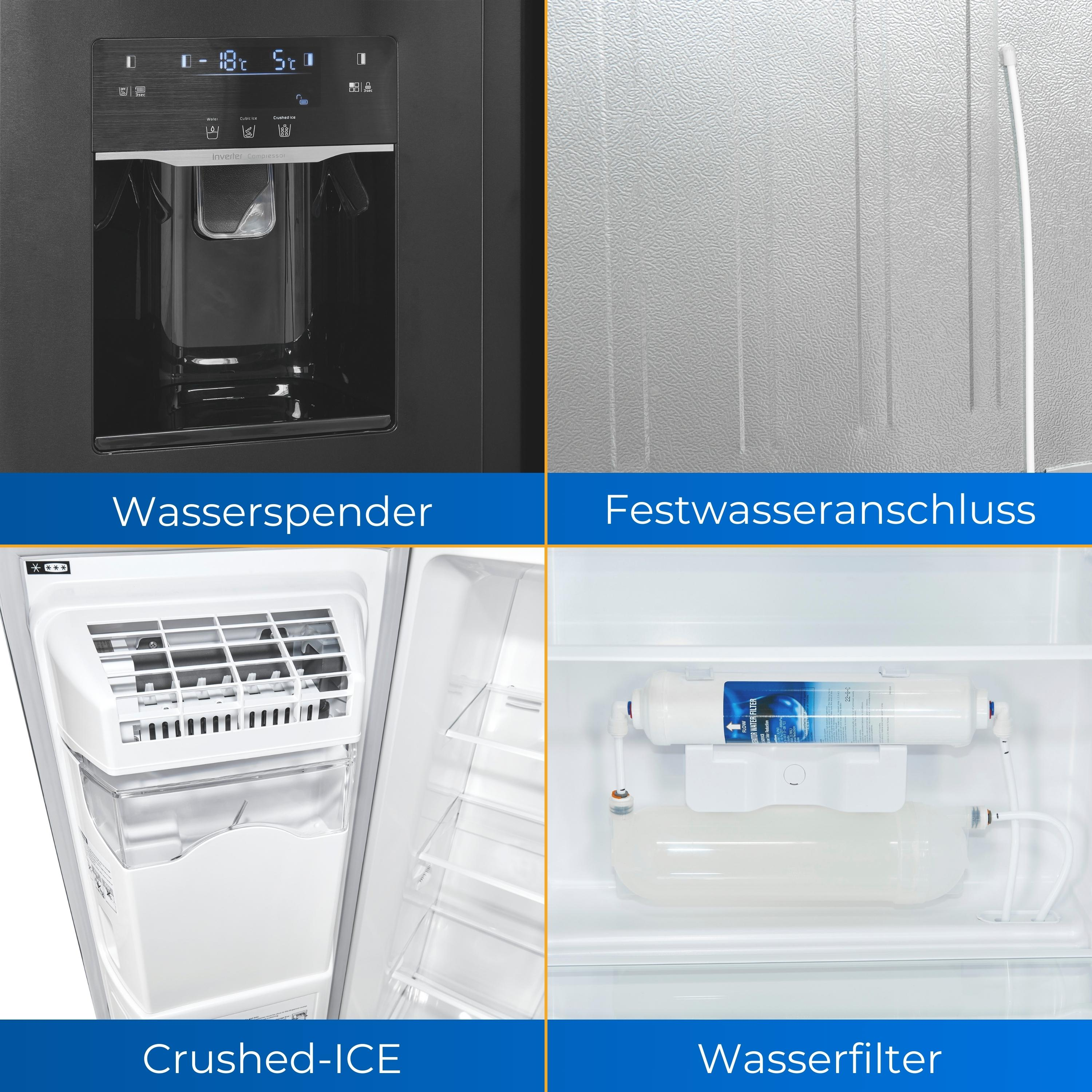 Vier Bilder von Merkmalen eines Kühlschranks, einschließlich Eisspender und Wasserfilter.