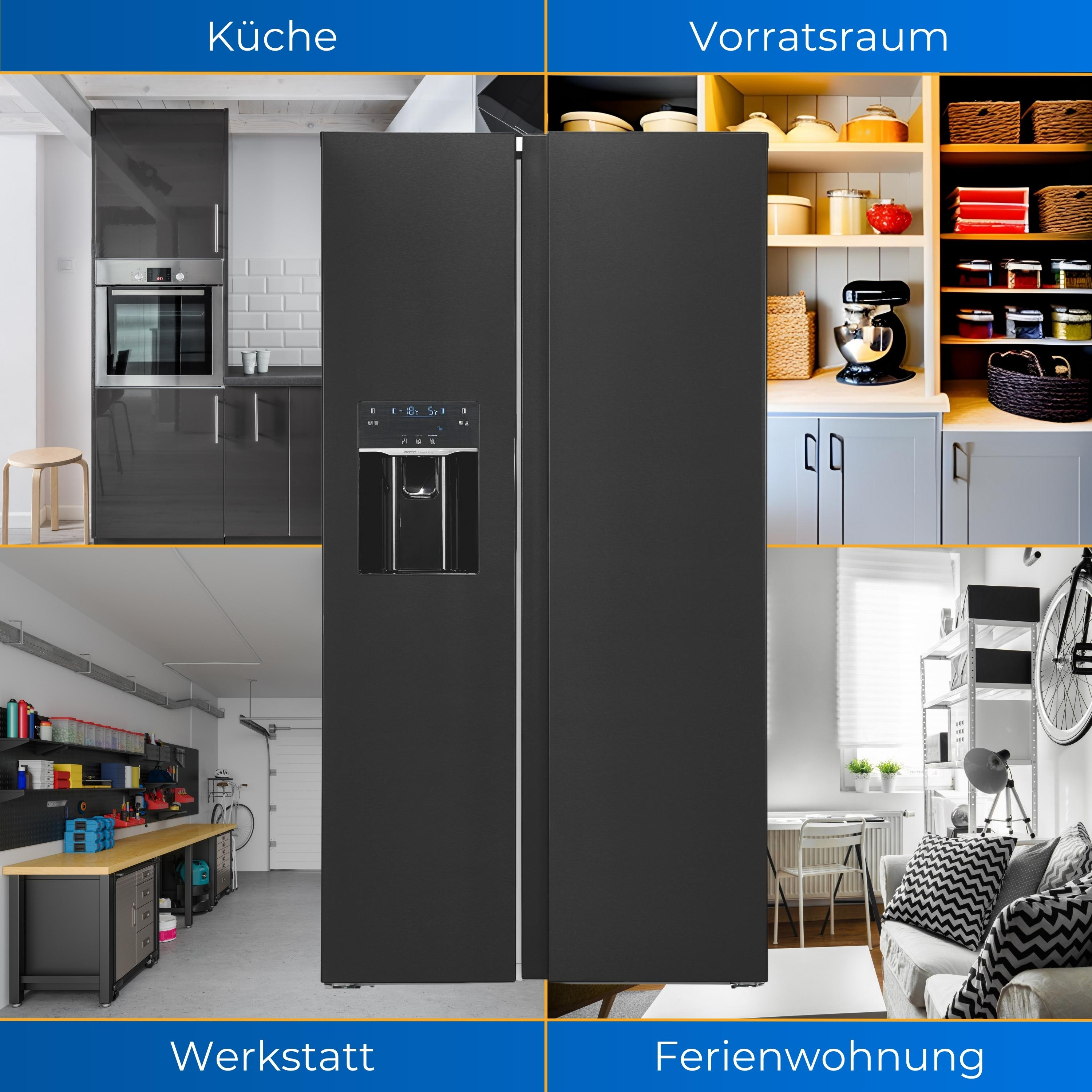 Ein schwarzer Kühlschrank, in einer Küche, Speisekammer, Werkstatt und Ferienwohnung. Abschnitte sind mit deutschem Text beschriftet.