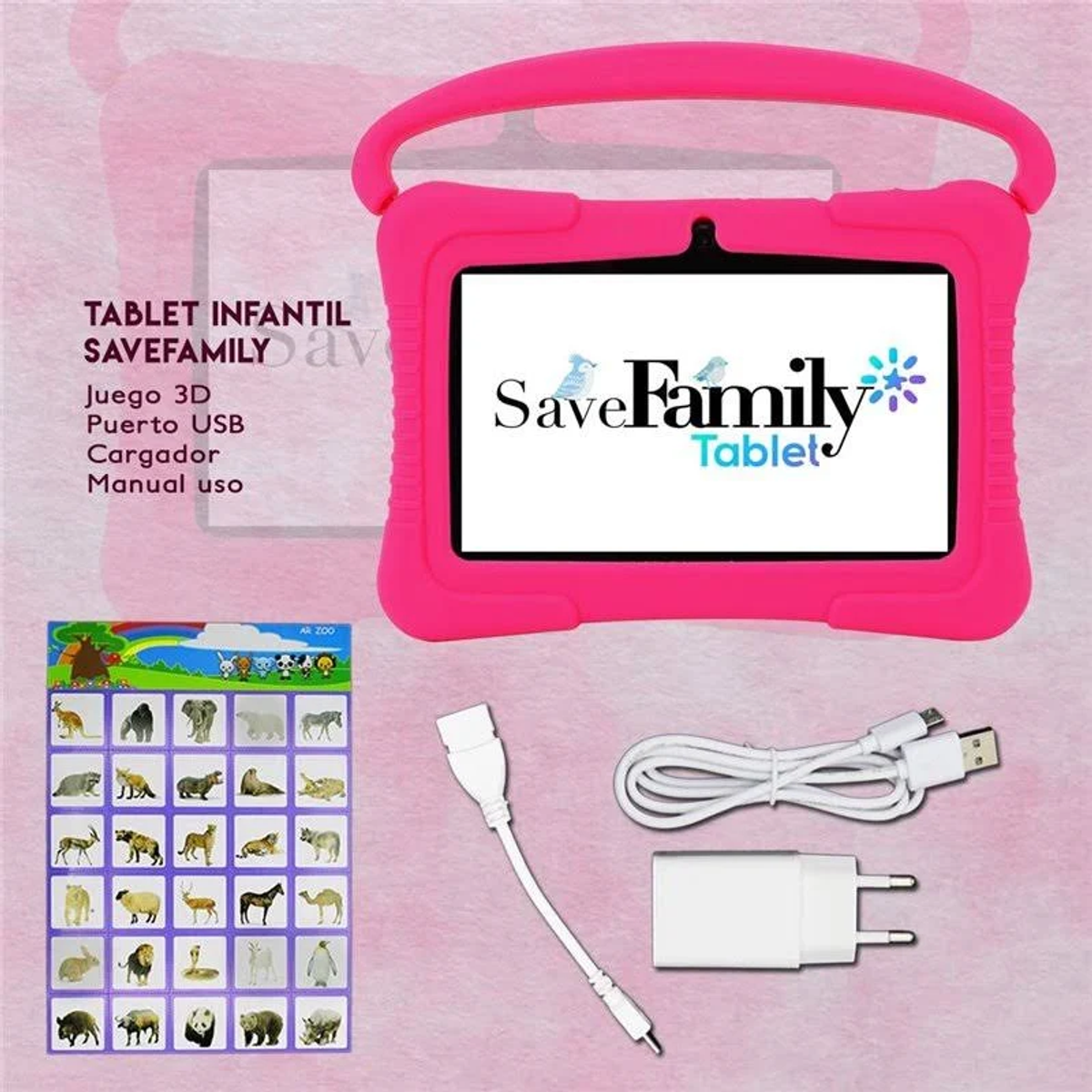 Tablet rosa in custodia rosa, con accessori: caricabatterie, cavo e schede animali.