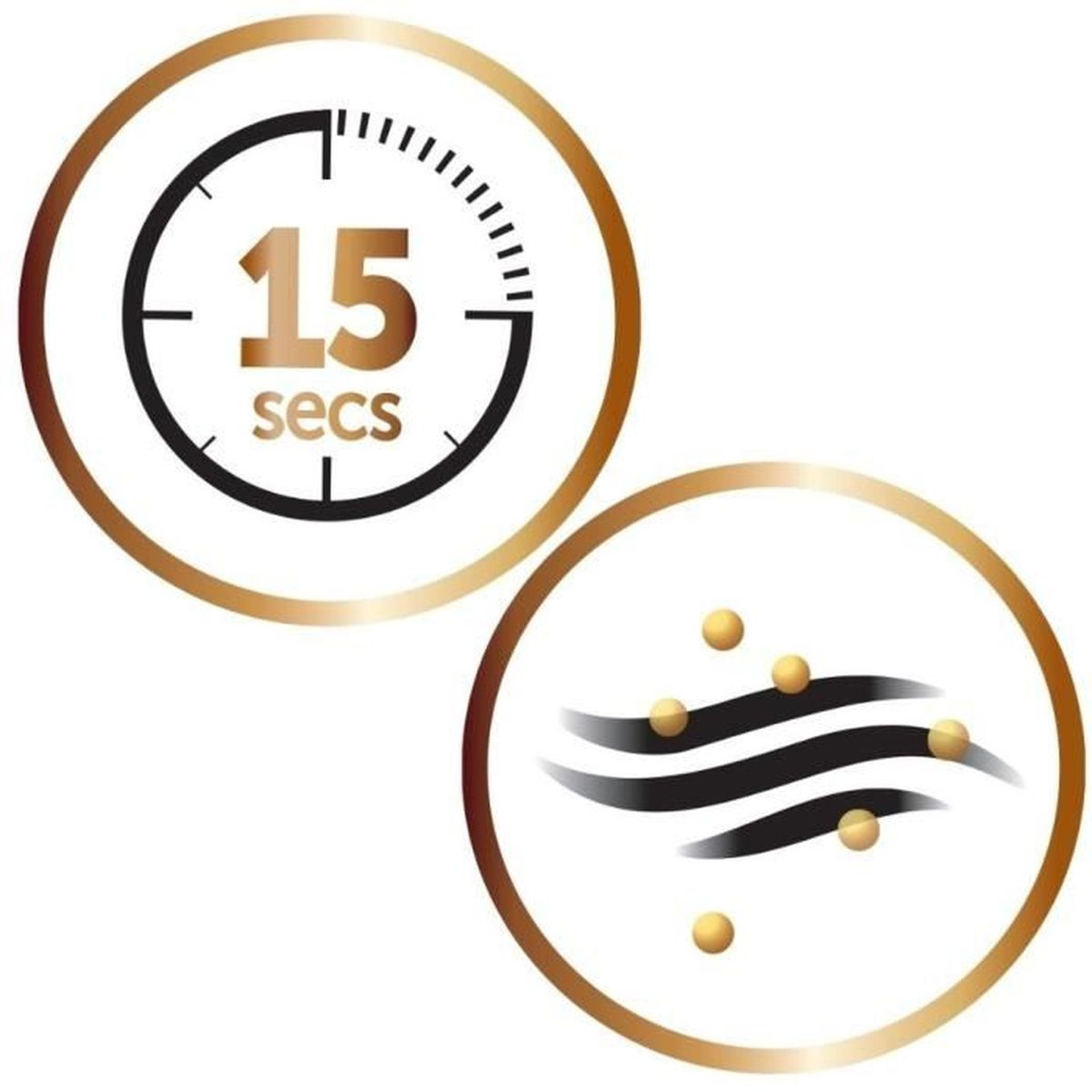 Zwei kreisförmige Symbole. Eines zeigt einen Timer mit 15 Sek., das andere Haare und Goldpartikel.