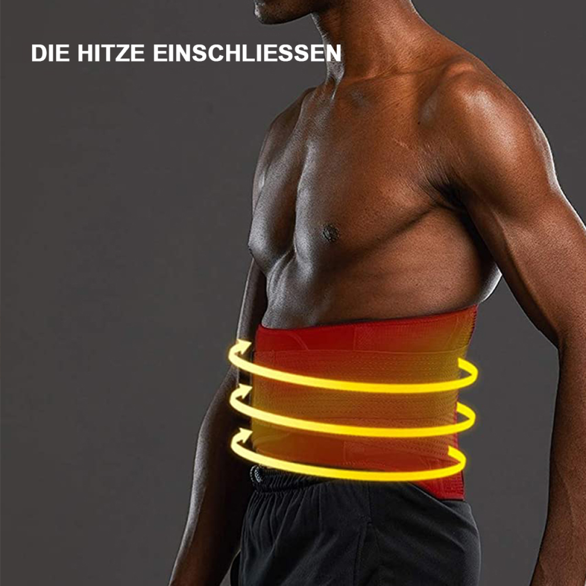 Ein Mann ohne Hemd mit einem roten Heizkissen um die Taille und Energielinien, die es umkreisen.