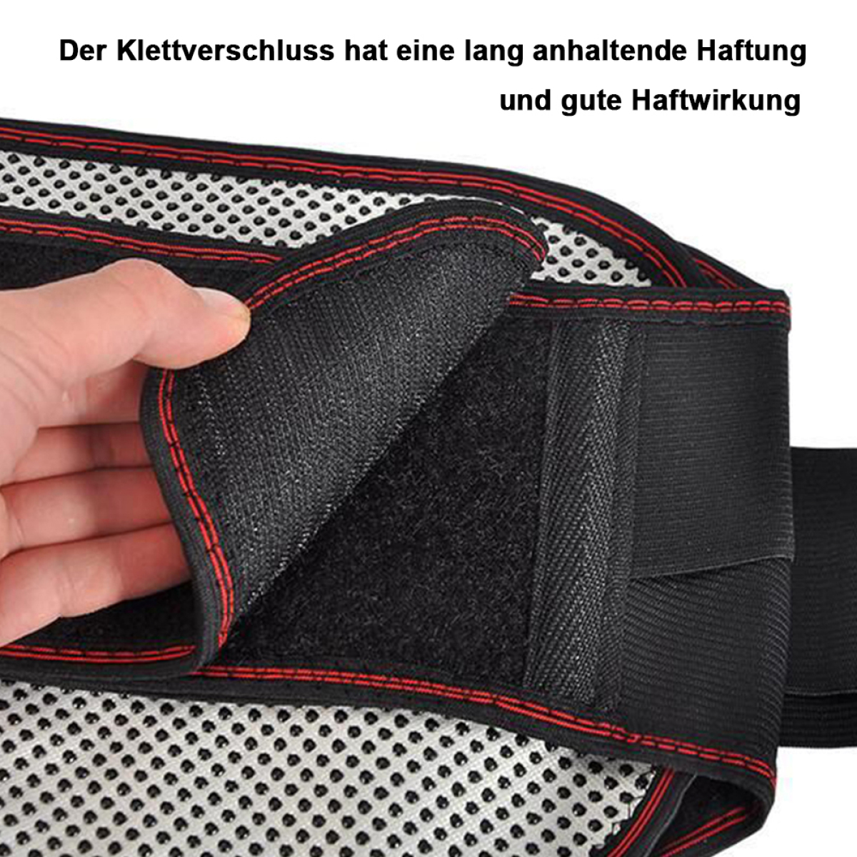 Nahaufnahme eines Rückenstützgurts mit Klettverschluss. Text vorhanden.