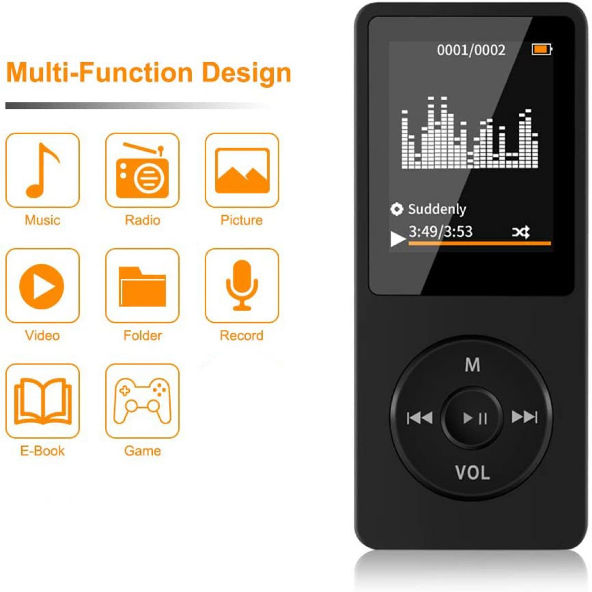 Schwarzer MP3-Player mit Bildschirm und Knöpfen. Zeigt Musik und Steuerung.