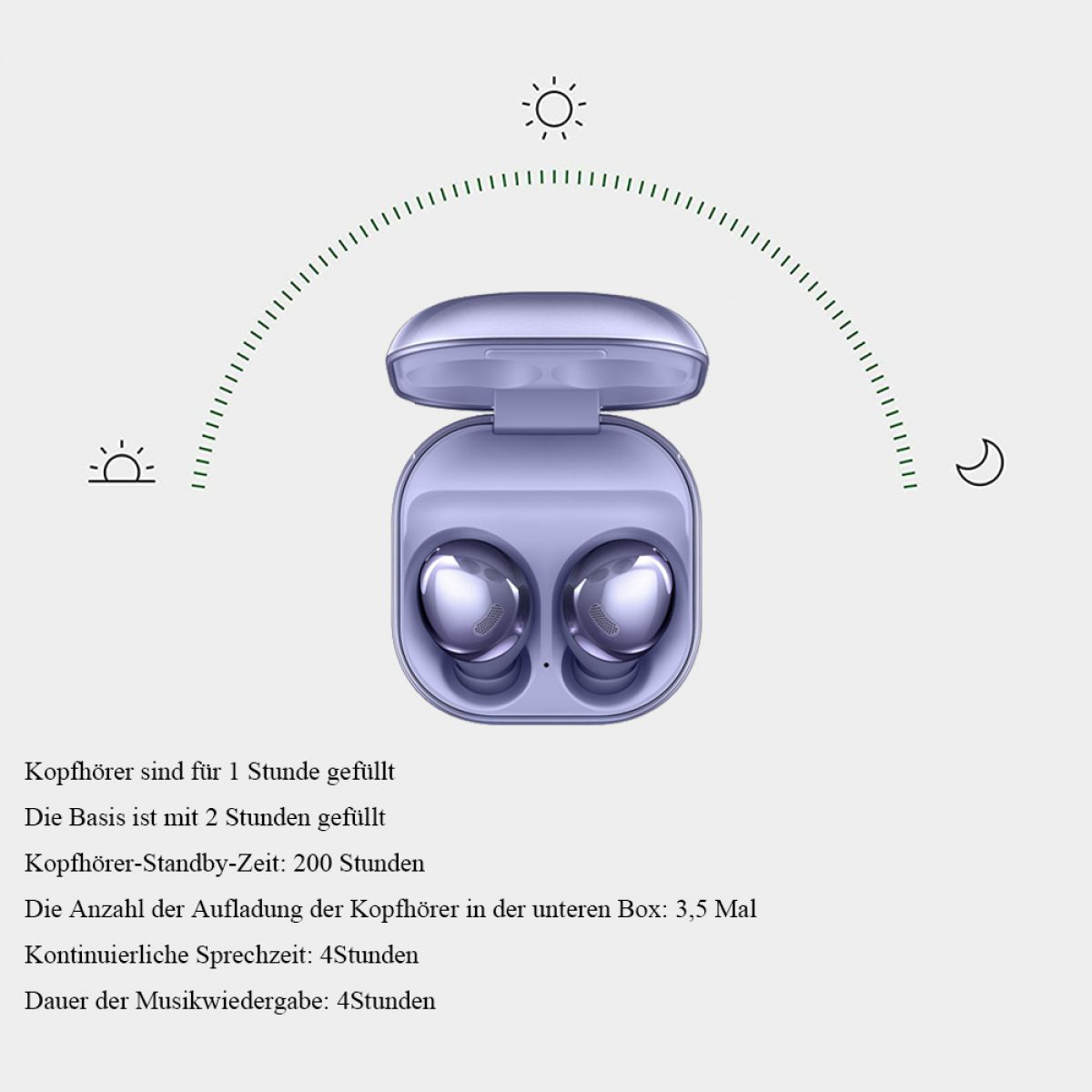 Ohrhörer in einem Ladecase mit Symbolen. Weißer Hintergrund.