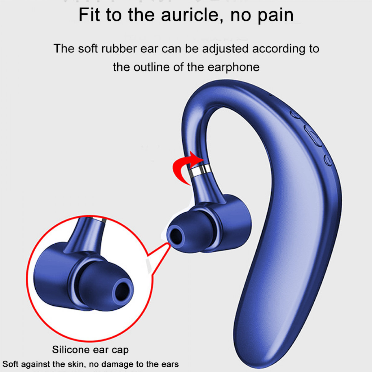 Blauer kabelloser Kopfhörer mit rotem Pfeil. Text erklärt den weichen Ohrstöpsel.
