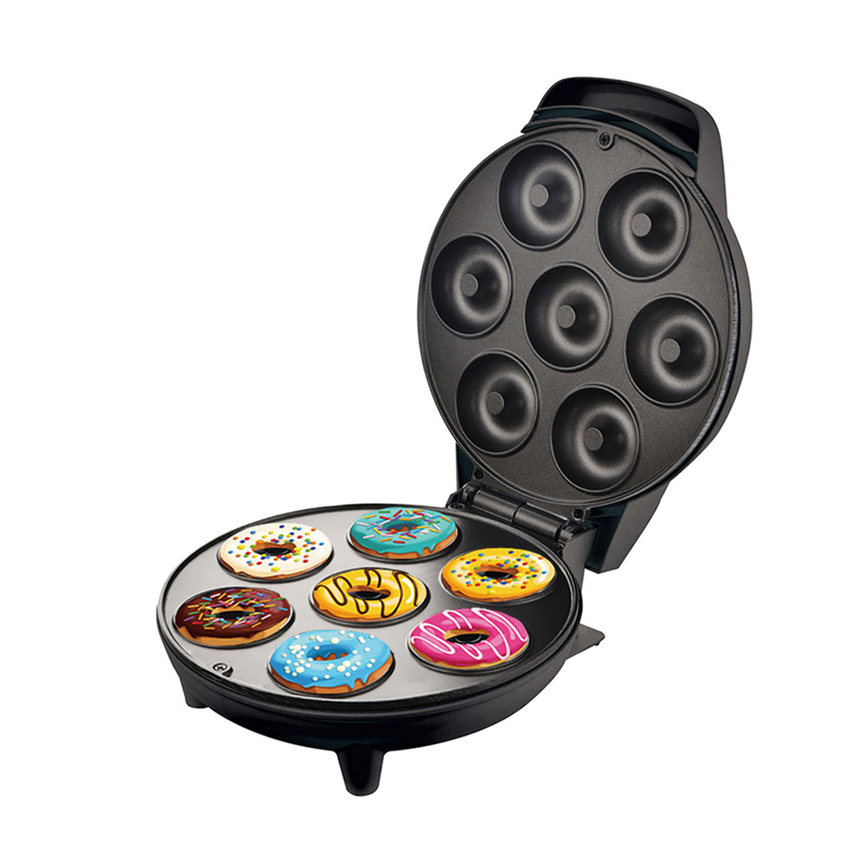 Donut-Maker geöffnet, mit sieben bunten Donuts und einer schwarzen Oberfläche.