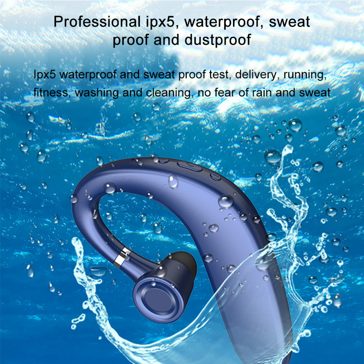 Blauer kabelloser Ohrhörer mit Wasserspritzer, Text: wasserdicht.