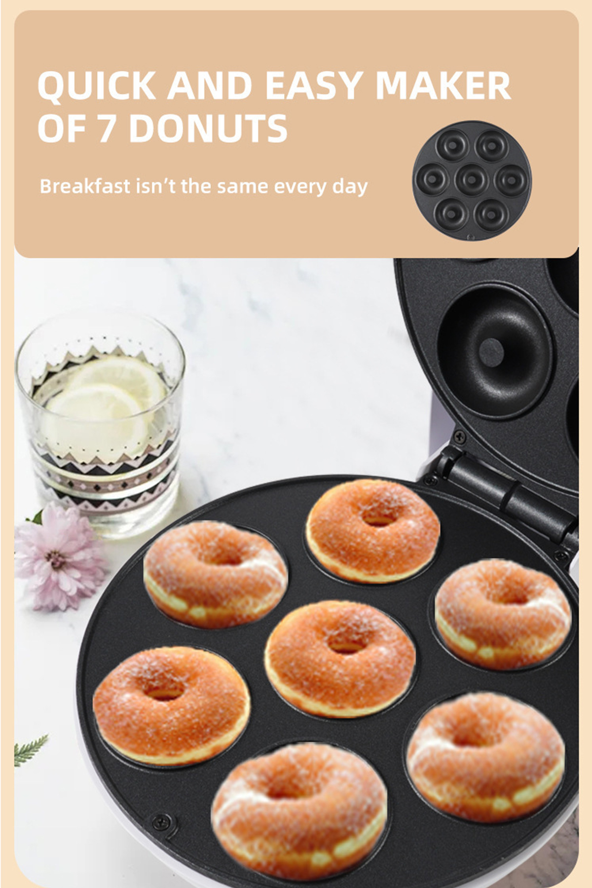 Ein Donut-Maker mit sieben Donuts und einem Glas Limonade.