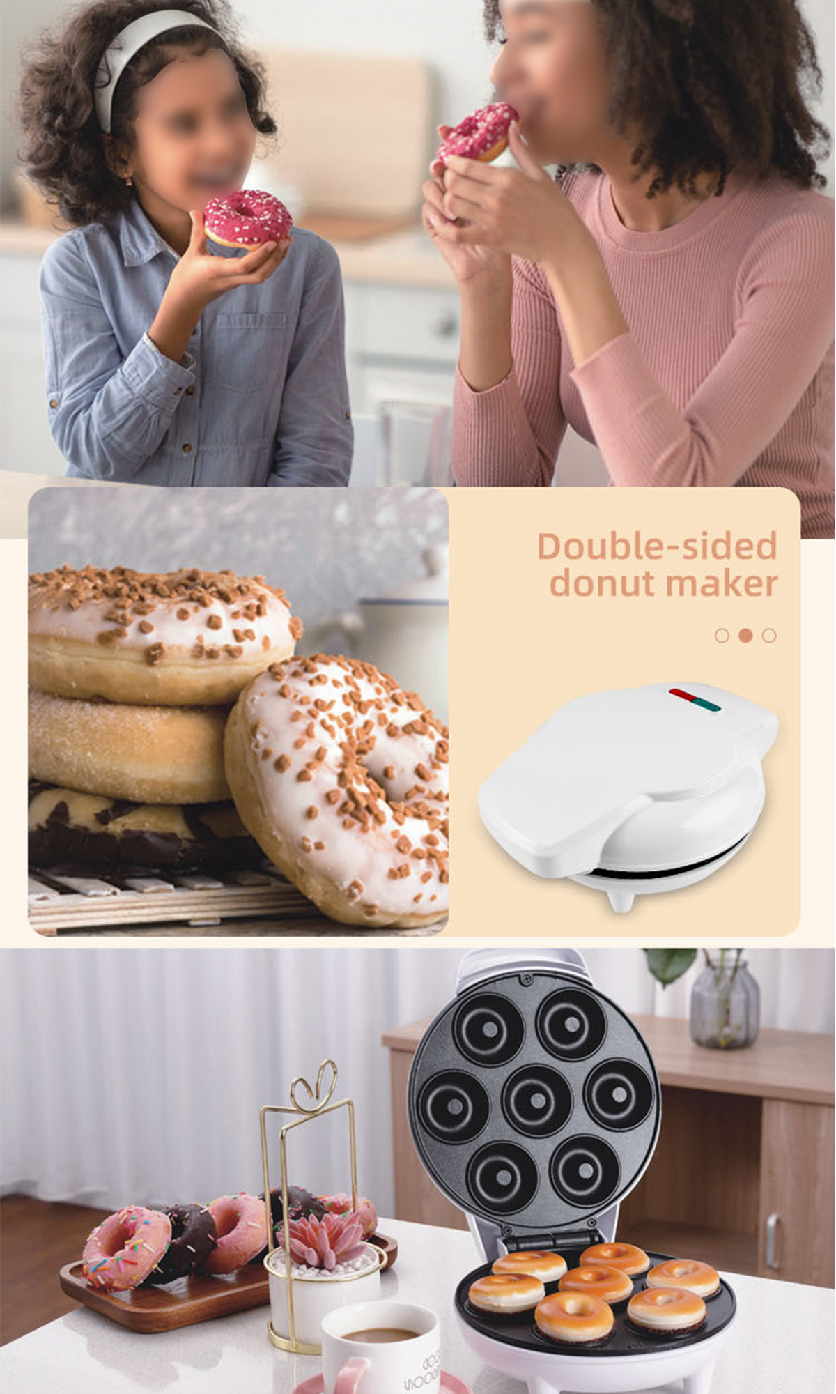 Eine Donut-Maschine mit Donuts und zwei Frauen, die Donuts essen. Verschiedene Donuts werden gezeigt.