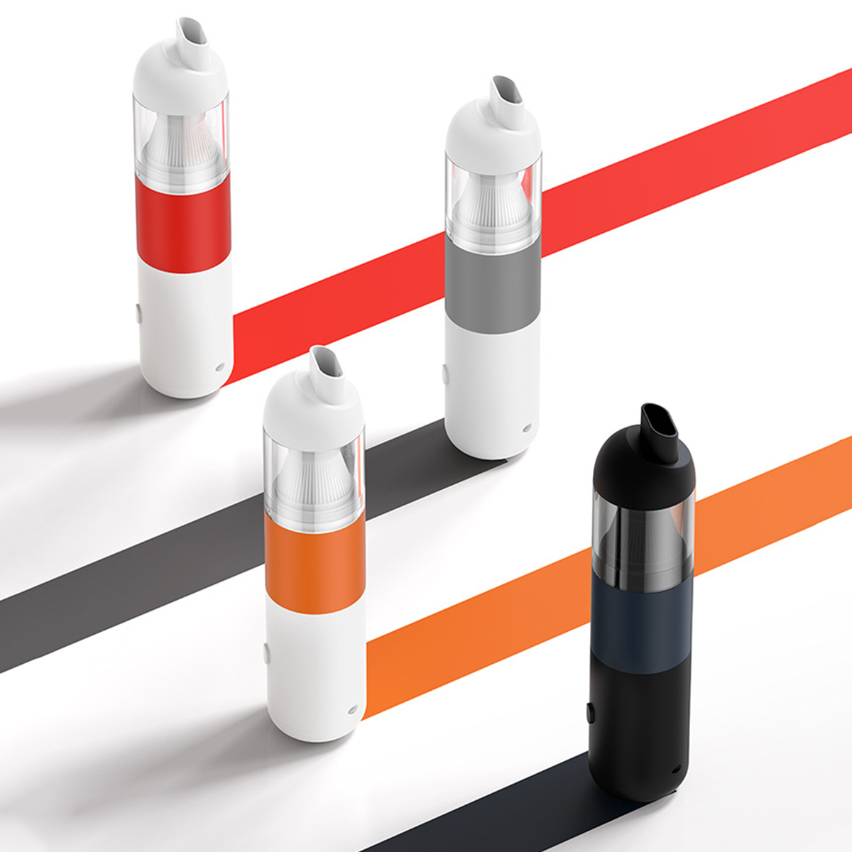 Cztery kolorowe odkurzacze, czerwony, szary, pomarańczowy i czarny, z przekątnymi liniami.