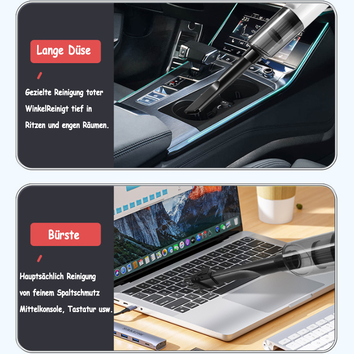 Dwa obrazy pokazują użycie odkurzacza. Odkurza konsolę środkową i klawiaturę laptopa.