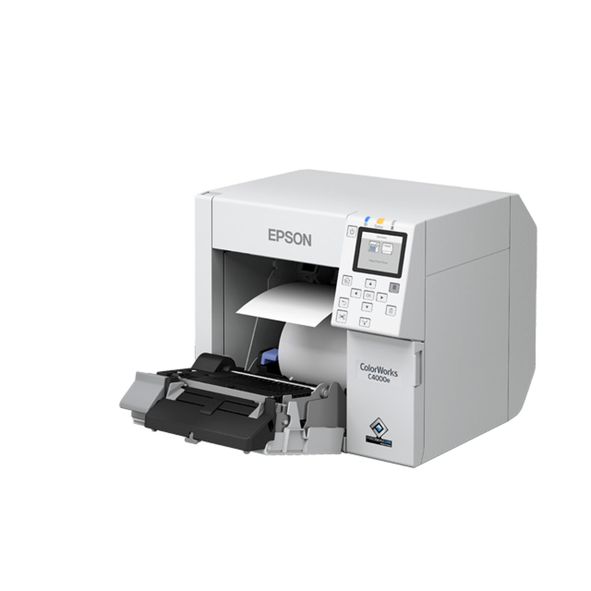Weißer Epson ColorWorks C4000e Drucker mit offenem Papierausgabefach.