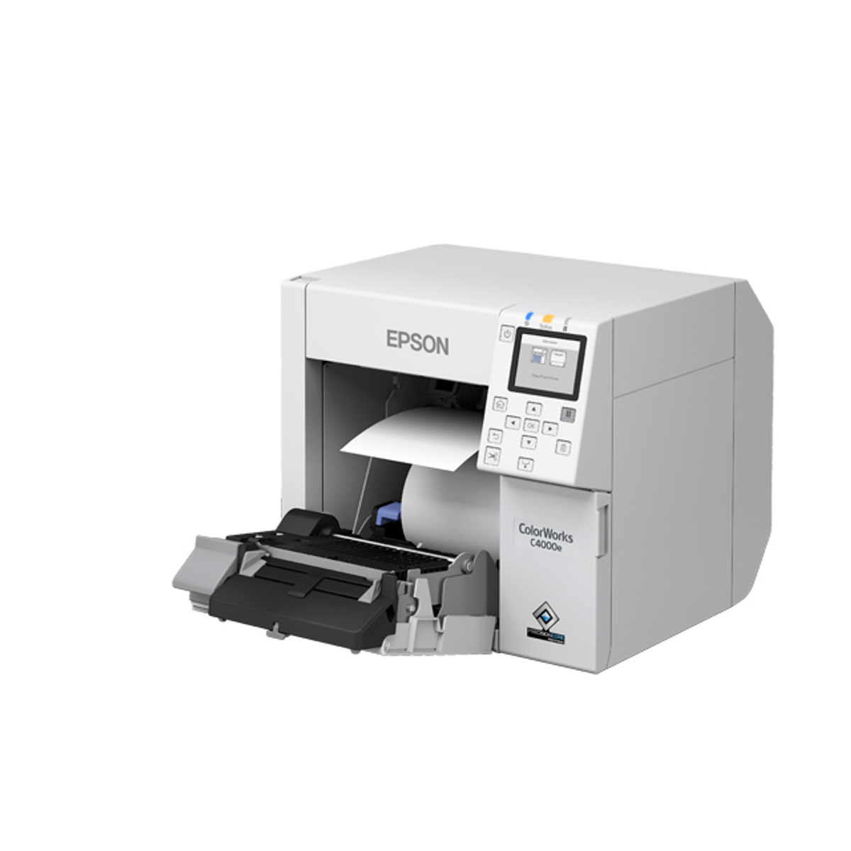 Ein Epson ColorWorks C4000e Etikettendrucker mit offenem Fach, weißer Hintergrund.