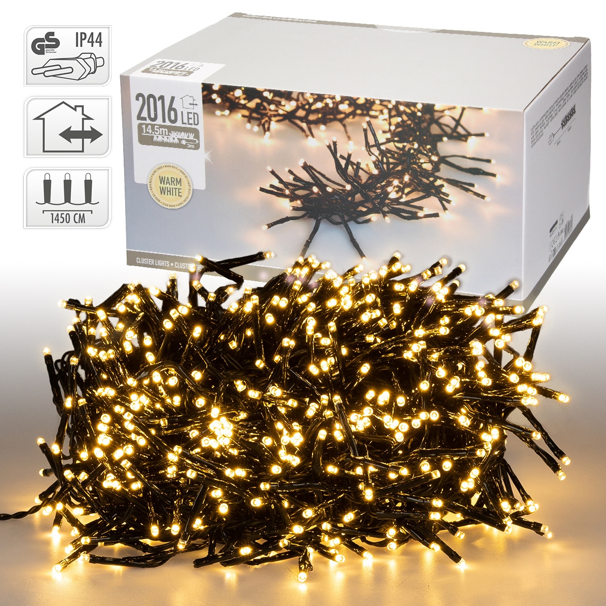 Weihnachtsbeleuchtung in einer Box. Die Lichter sind eine Ansammlung warmer, weißer LEDs auf schwarzem Draht.