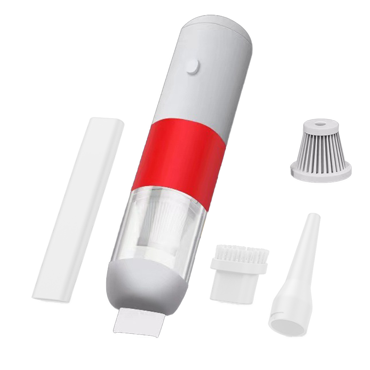 Mały, biało-czerwony odkurzacz ręczny z akcesoriami.