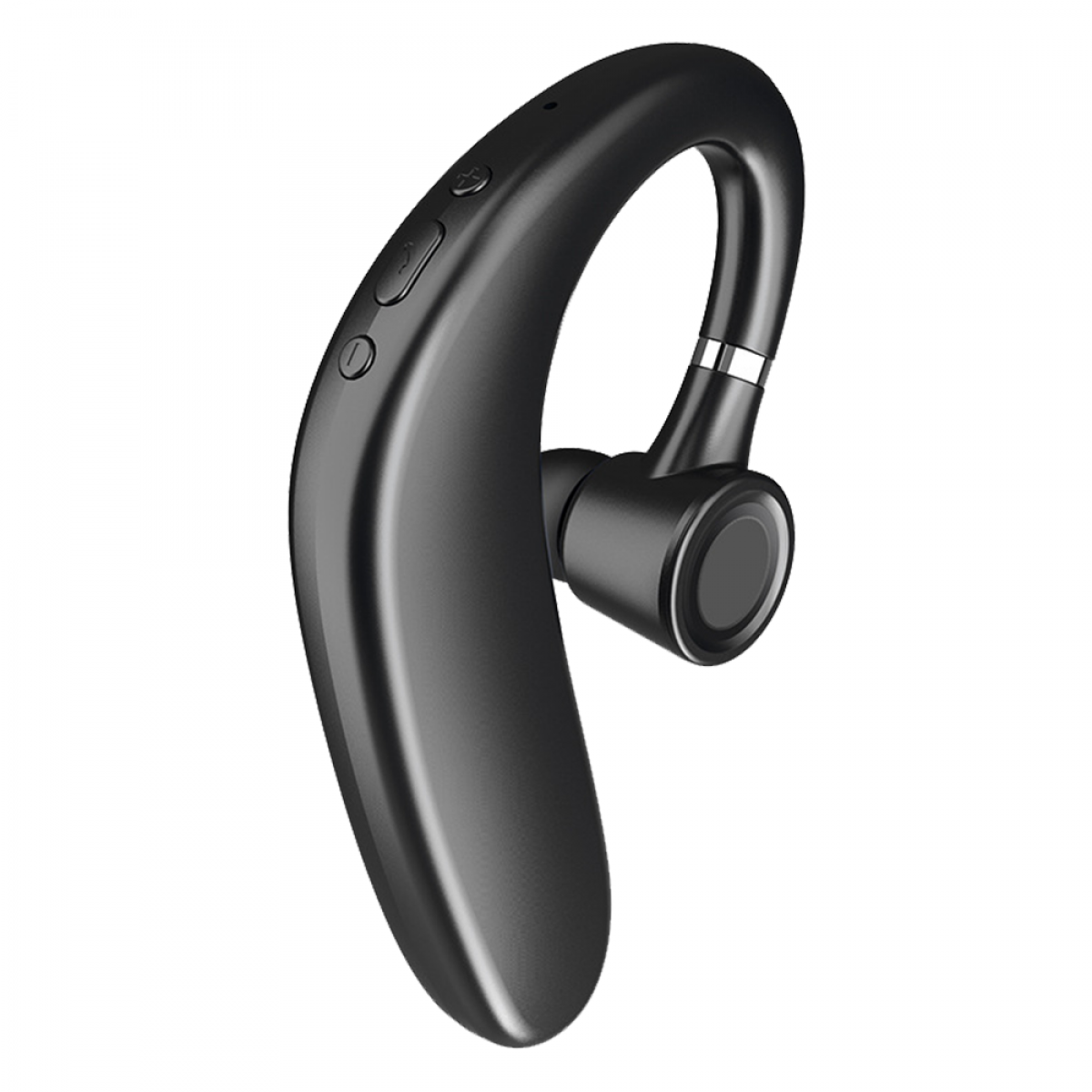Schwarzes Bluetooth-Headset. Gebogenes Design mit Steuertasten und Mikrofon.