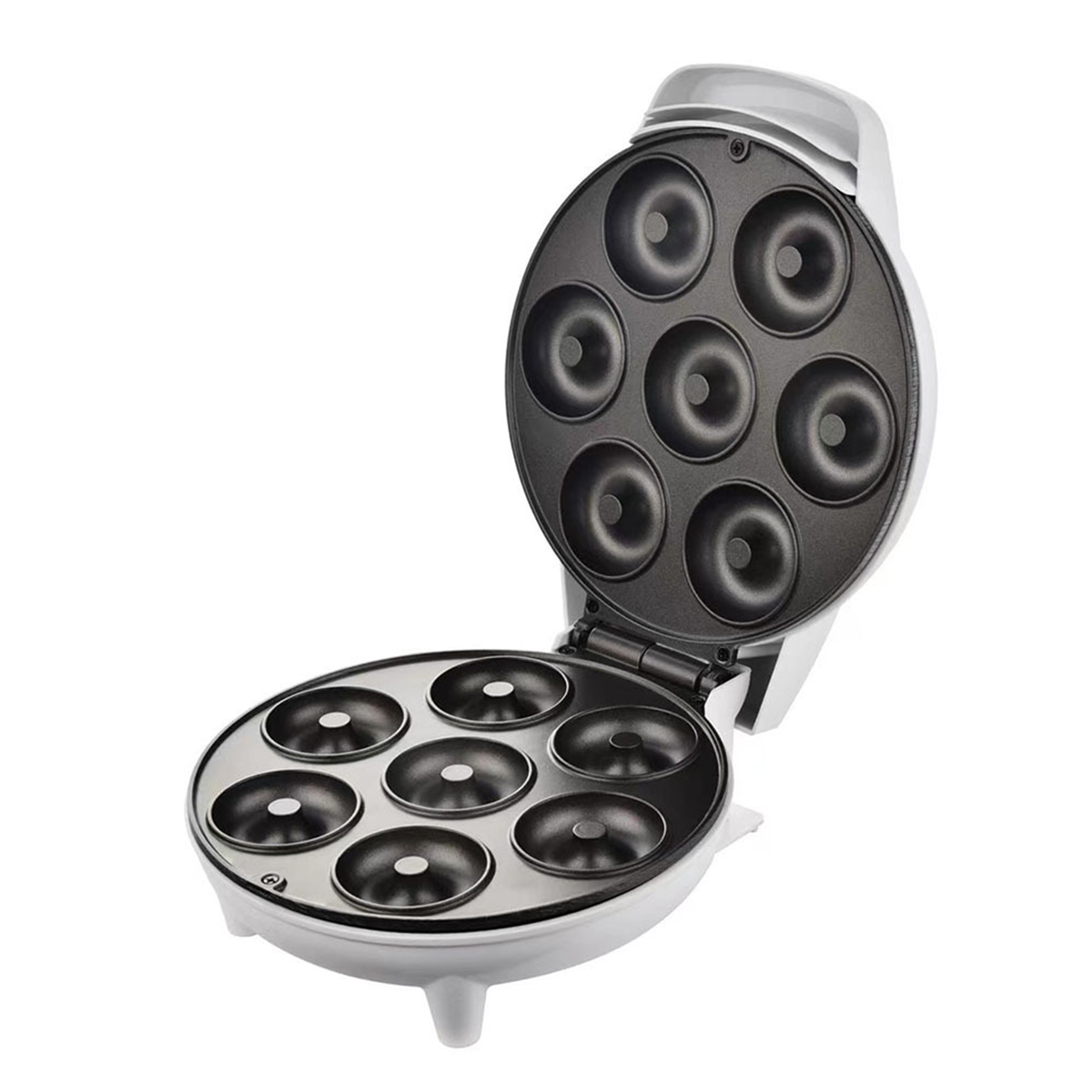 Donut-Maker mit offenem Deckel, der Formen zeigt.