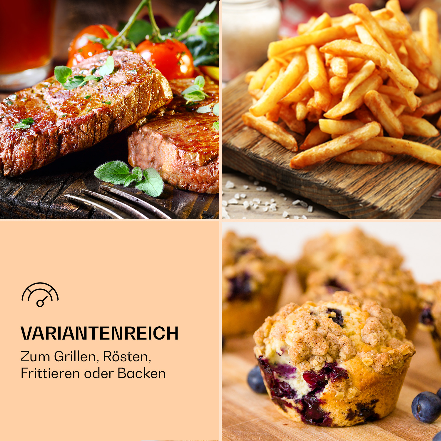 Varietà di cibi cotti: bistecca, patatine fritte e muffin. Testo in tedesco.