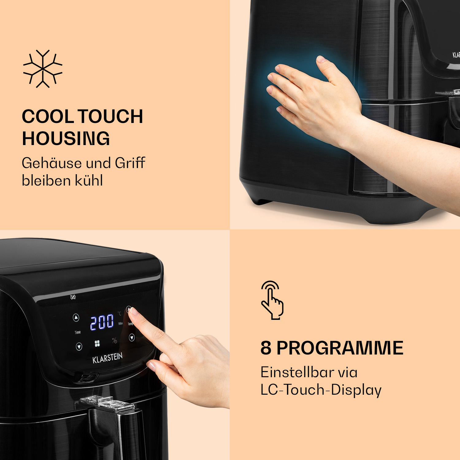 Friggitrice ad aria nera con una mano che la tocca e una persona che usa il touchscreen. Ha 8 programmi.