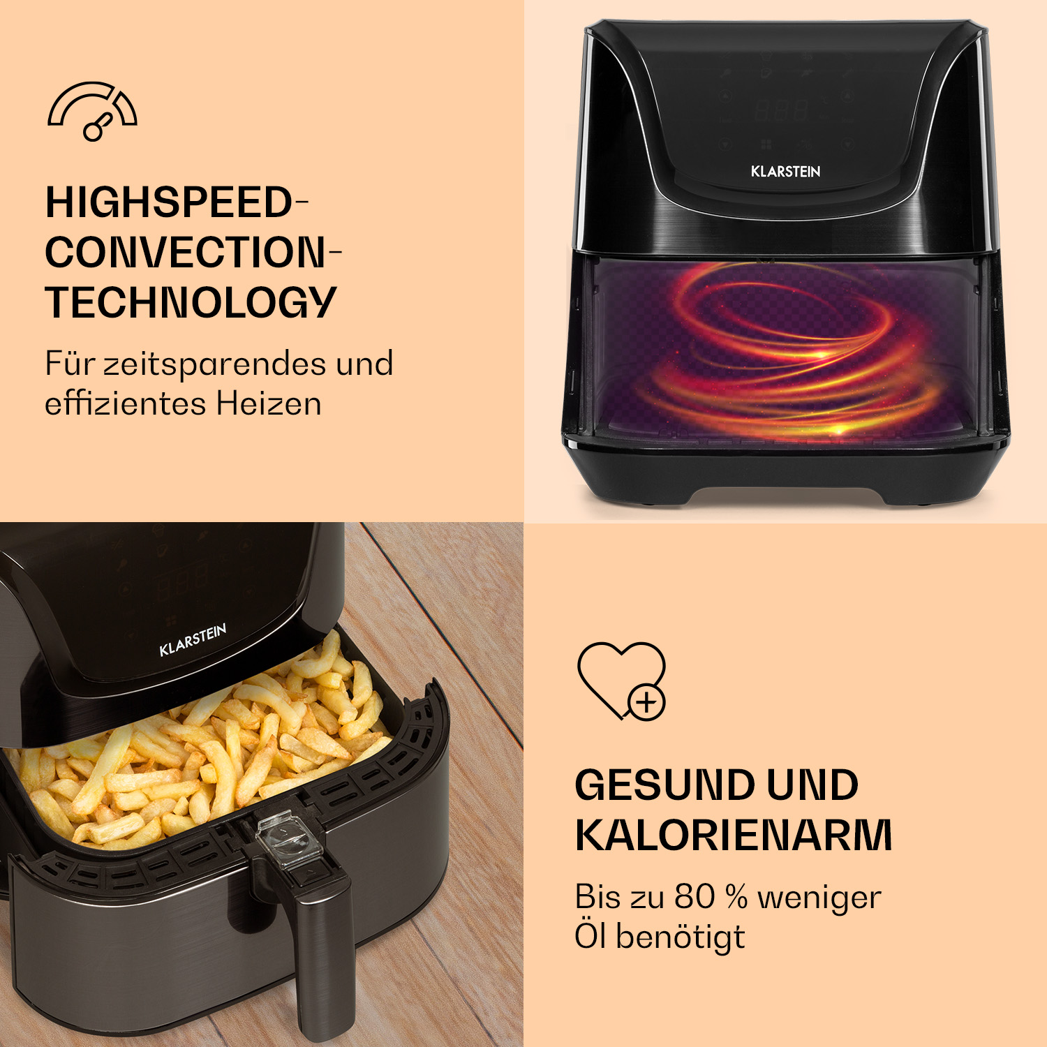 Friggitrice ad aria nera con testo per la tecnologia a convezione ad alta velocità e la cucina sana.