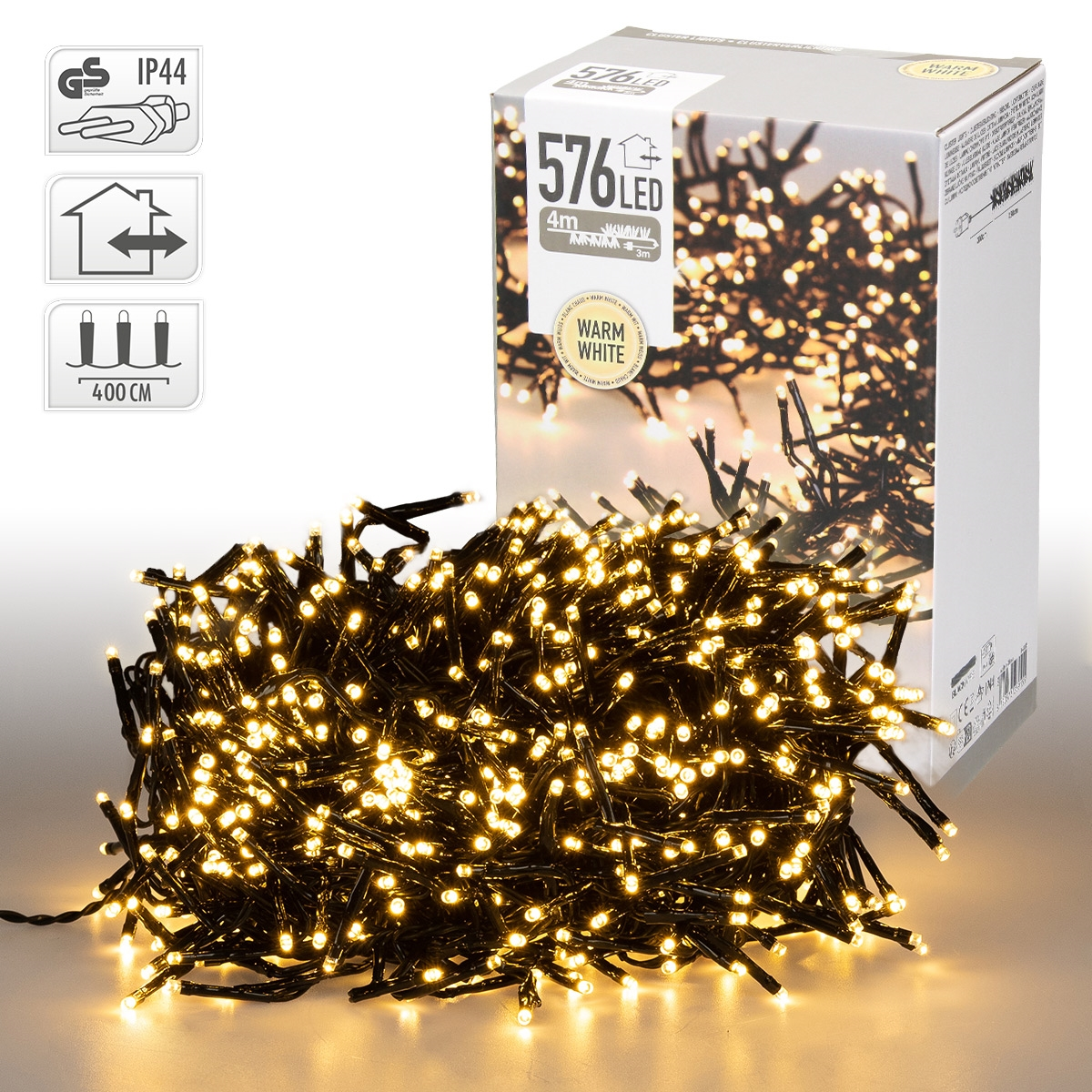 Eine Schachtel mit 576 warmweißen LED-Lichtern, daneben ein Bündel Lichter.