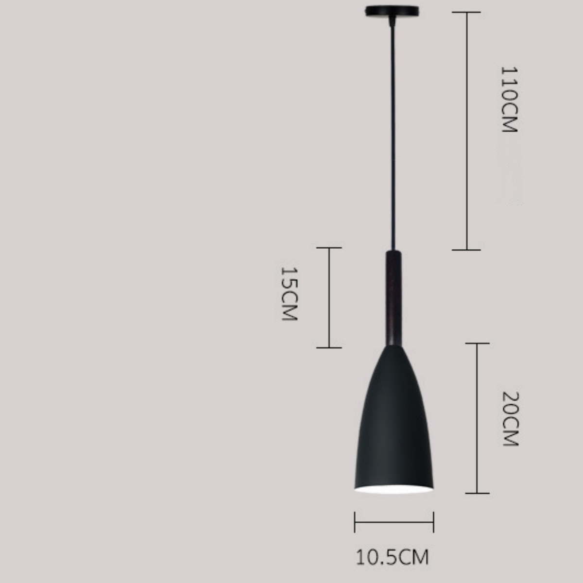 Schwarze Pendelleuchte, mit Maßen: 110cm, 15cm und 20cm.