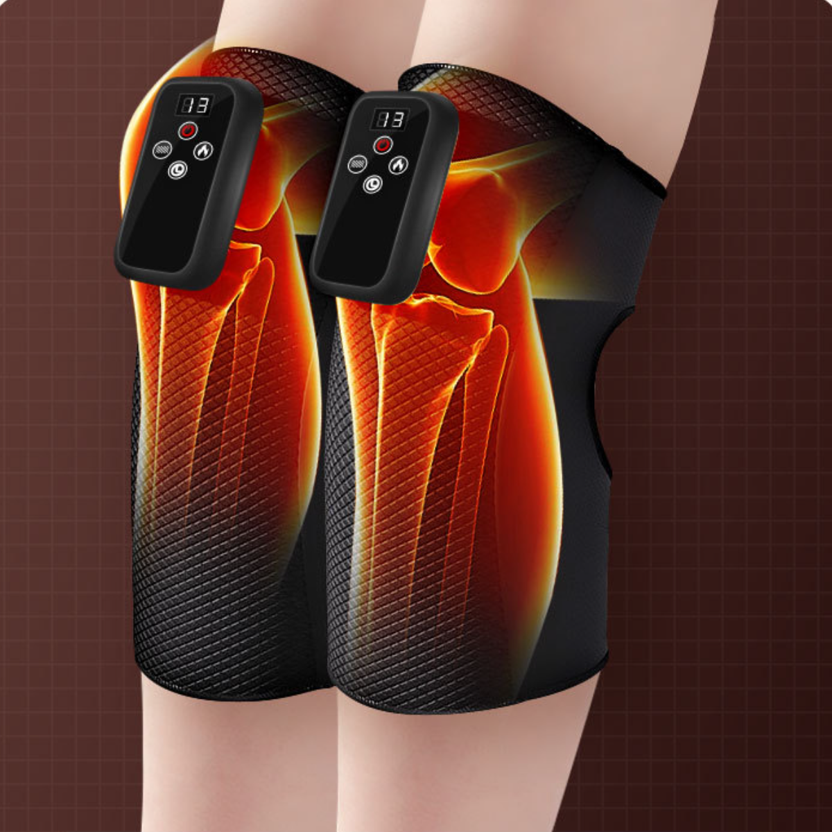 Zwei Knie mit angebrachten schwarzen Heizkissen, die eine anatomische Darstellung der Beine zeigen.
