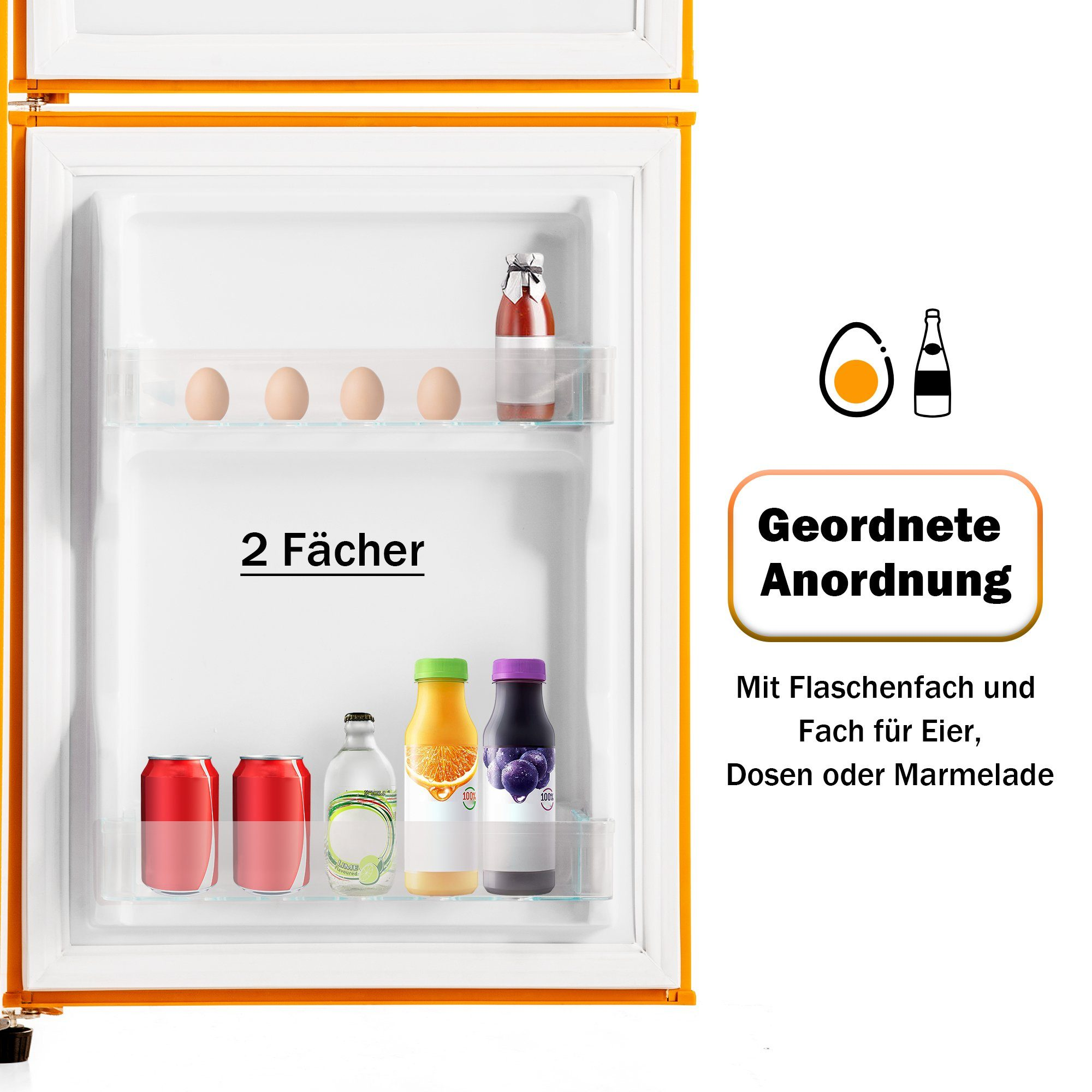Oranger Kühlschrankinnenraum mit Eiern, Flaschen und Dosen, geordnete Aufbewahrung, mit Text.