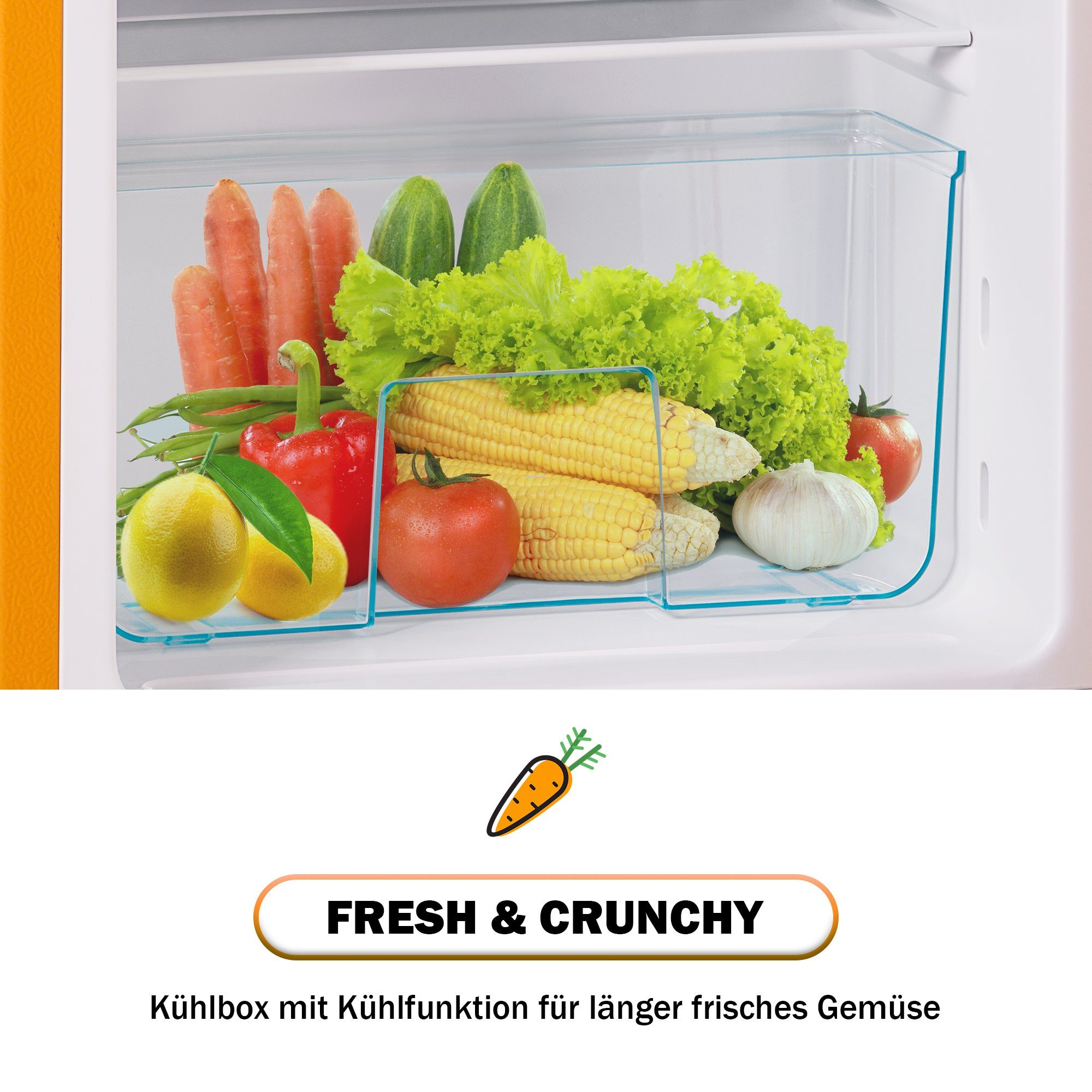 Eine Kühlschublade mit Gemüse: Karotten, Salat, Paprika, Mais, Tomaten und Knoblauch.