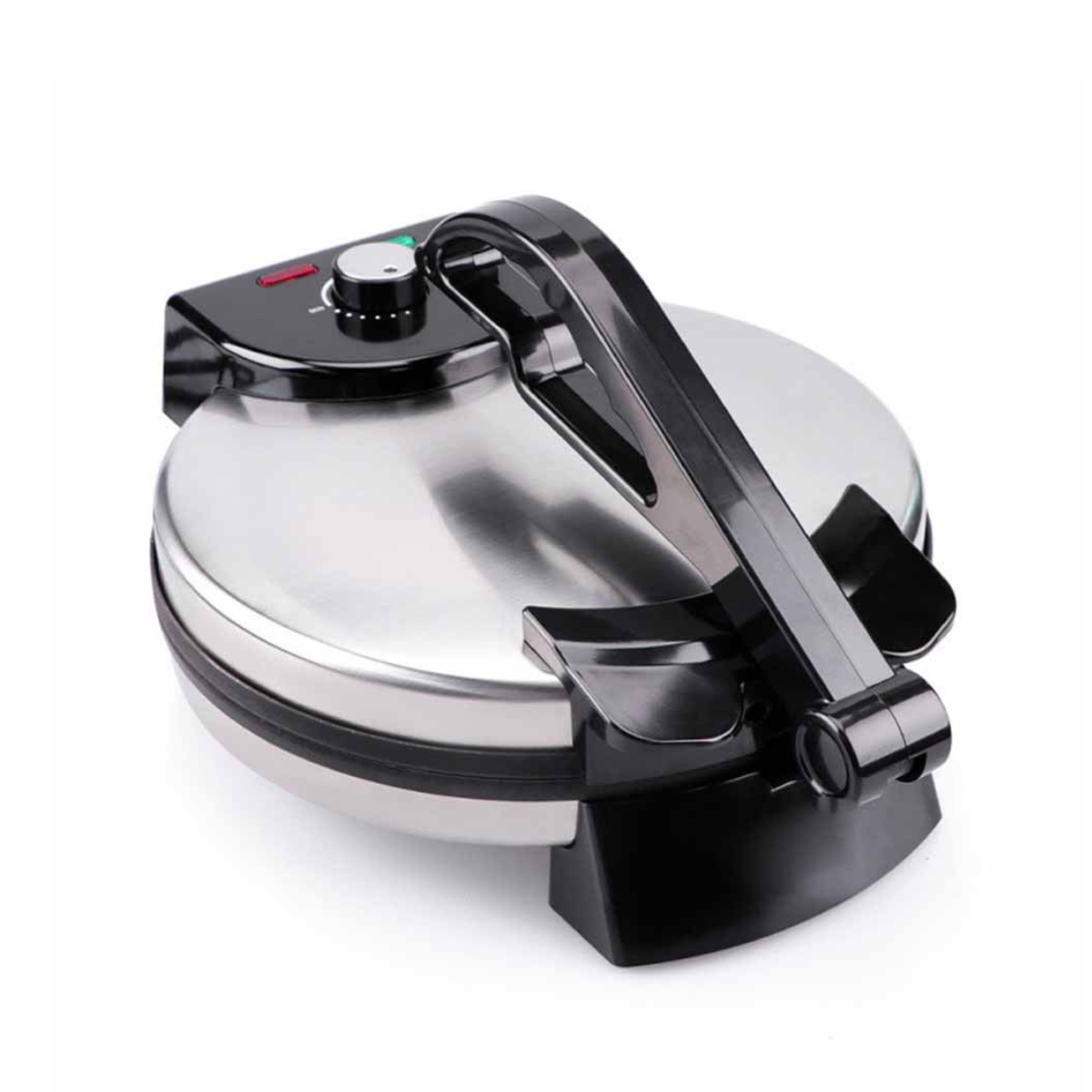 Ein silbernes und schwarzes Gerät, wahrscheinlich ein Tortilla-Maker, auf weißer Oberfläche.