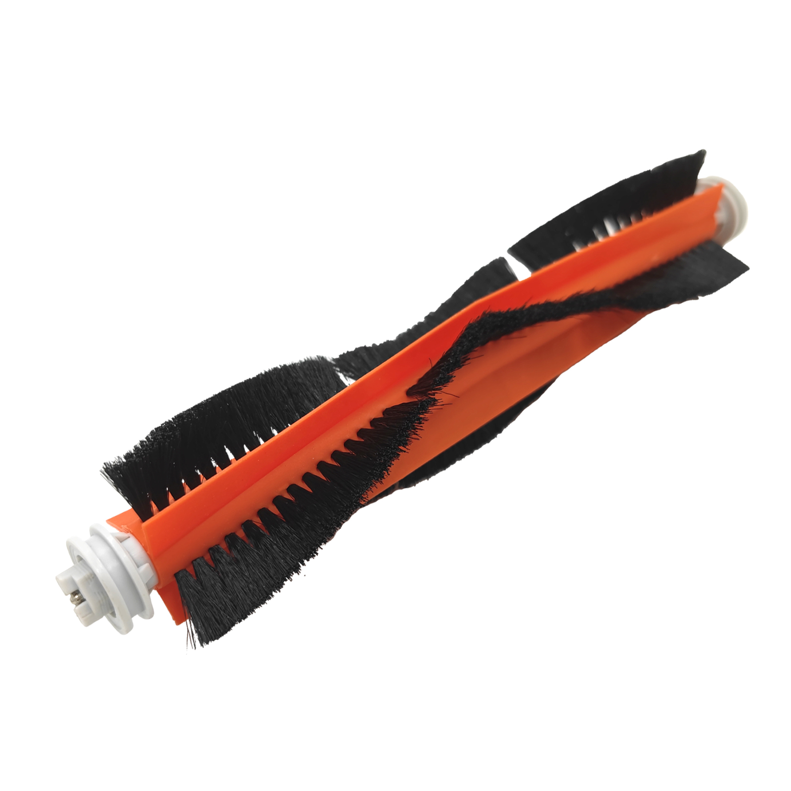 Orange-schwarze Staubsaugerbürste mit Borsten, auf weißem Hintergrund. Winkelschuss.