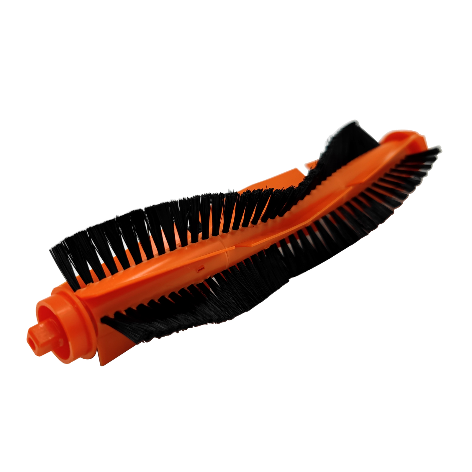 Orangener und schwarzer Staubsaugerbürstenkopf. Der Bürstenkopf hat eine gebogene Form mit vielen Borsten.