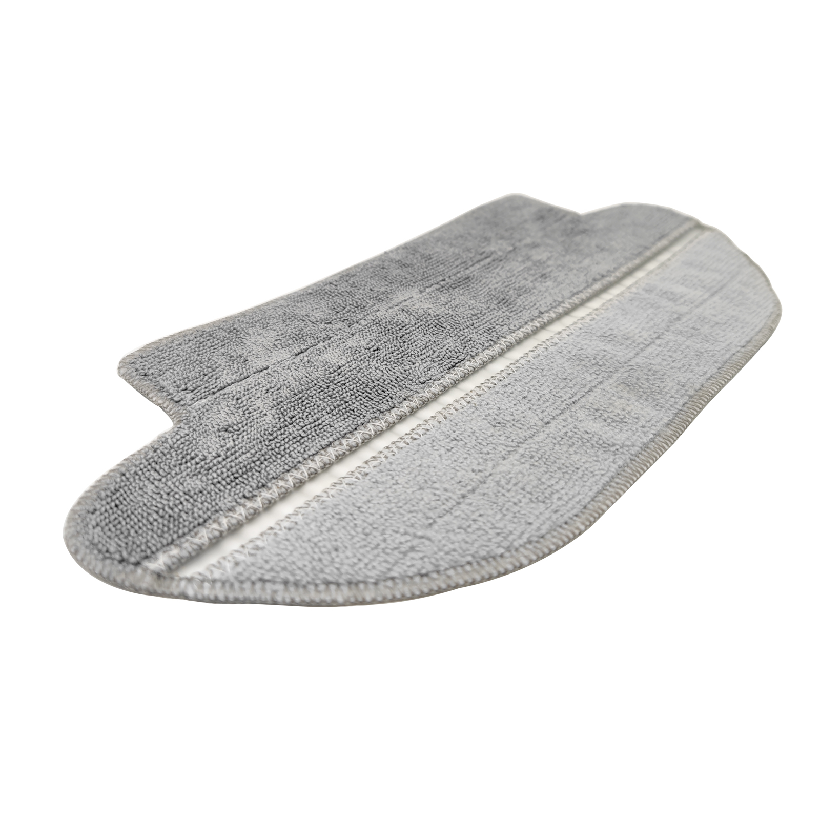 Tampon de vadrouille en microfibre grise. Deux sections, une avec rabat, sur fond blanc.