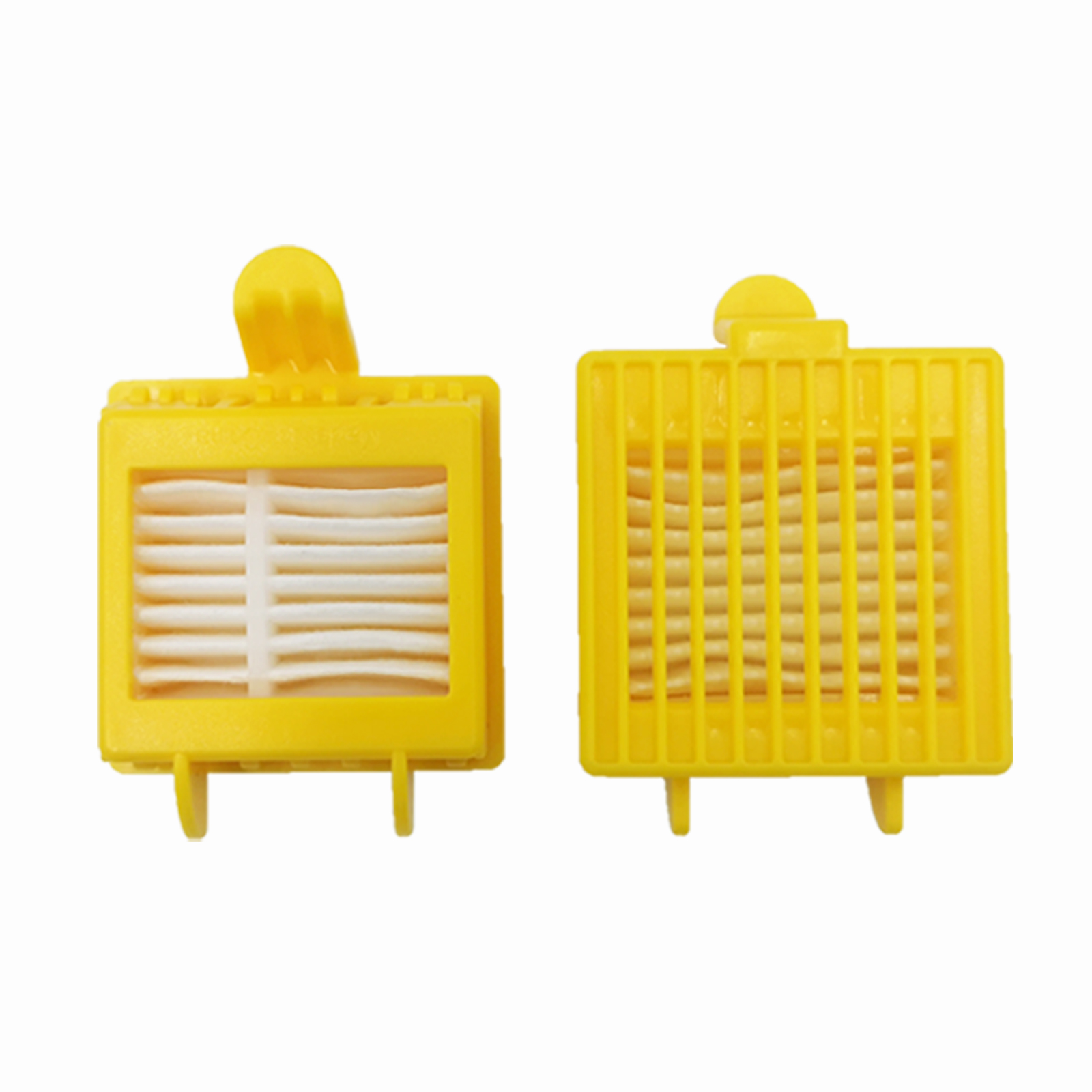 Zwei gelbe Luftfilter-Ersatzteile. Ein Filter ist geöffnet und zeigt das Filtermaterial.