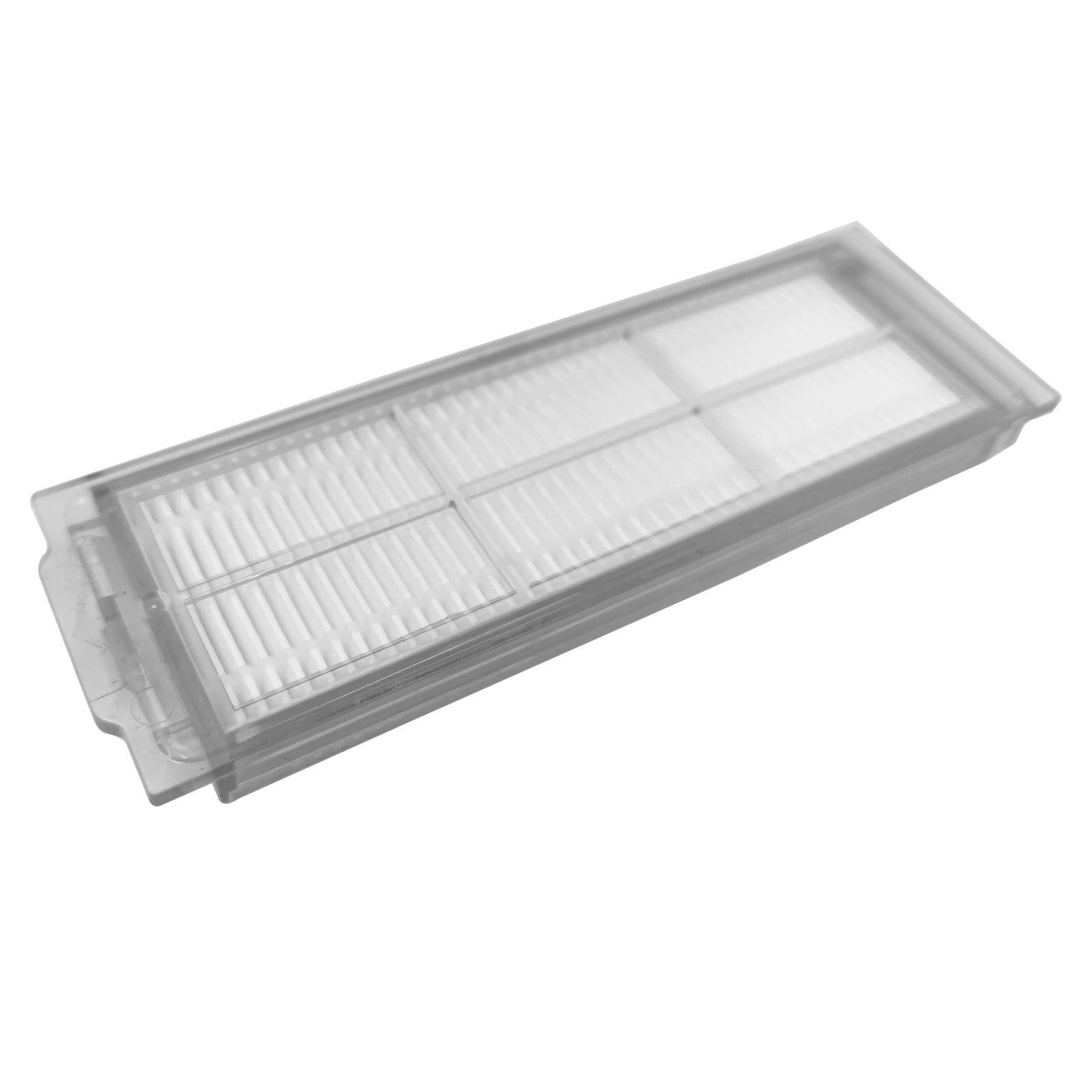 Ein weißer Filter für einen Staubsauger, mit rechteckiger Form und Gittermuster.