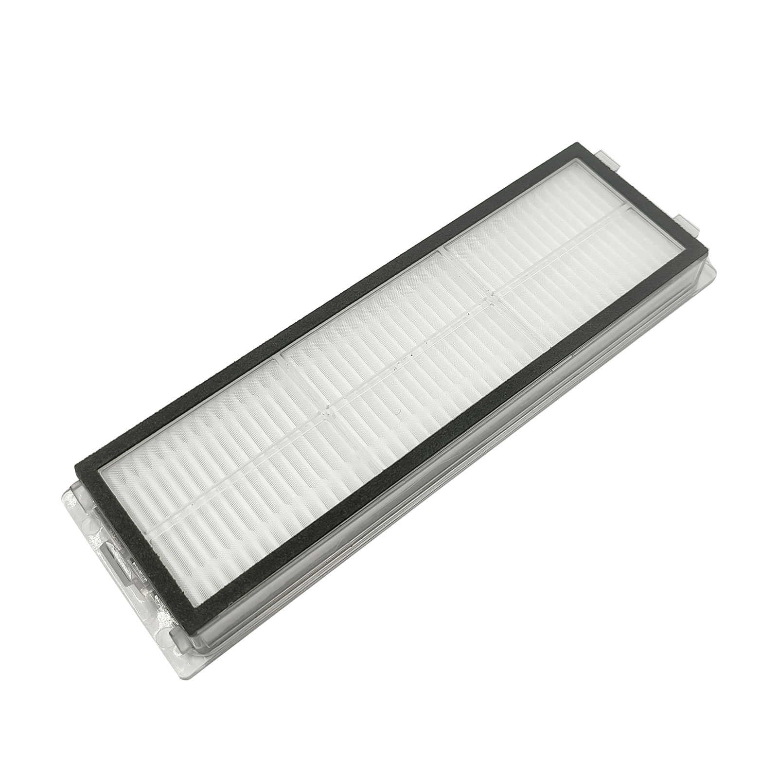 Rechteckiger Luftfilter mit schwarzem Rahmen und weißem, gefaltetem Filter innen.