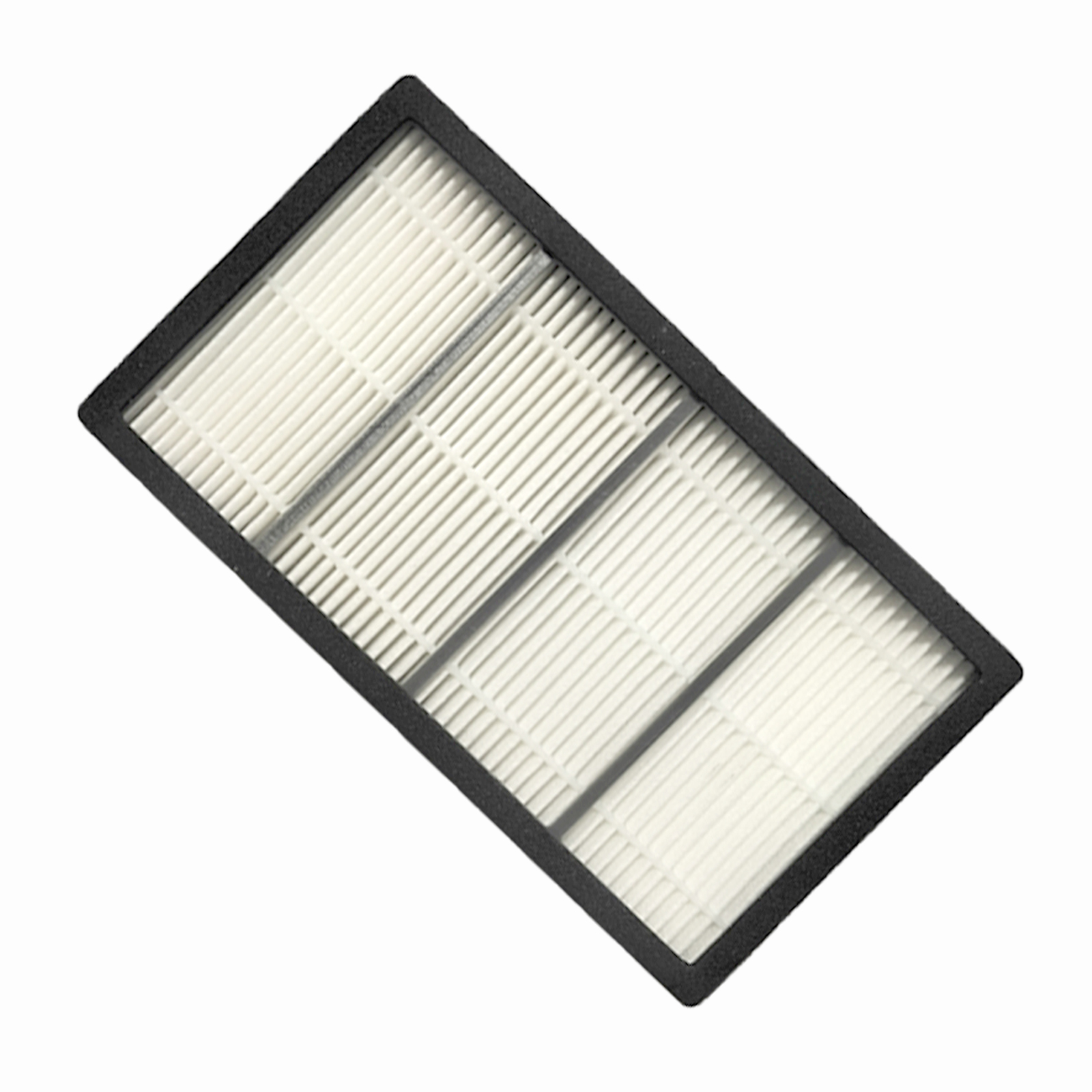 Rechteckiger Luftfilter mit schwarzem Rahmen und weißem Filtermaterial.