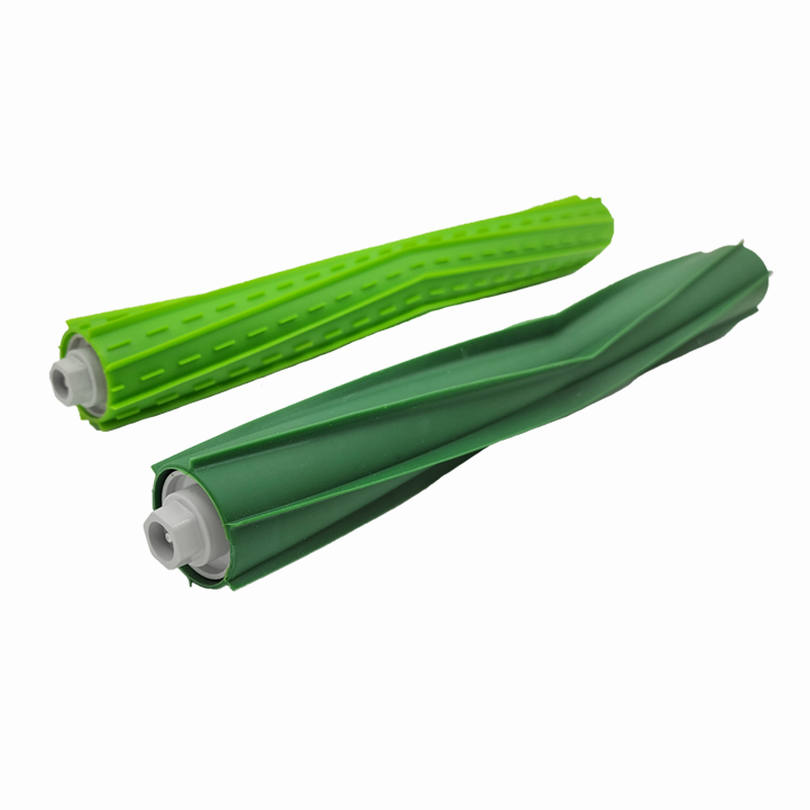 Zwei grüne, spiralförmige Bürsten isoliert auf weißem Hintergrund.