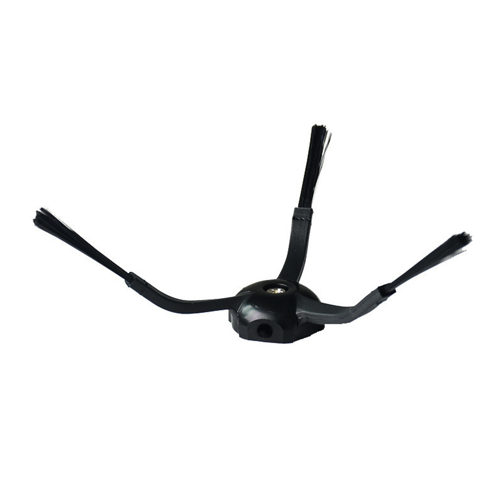 Une brosse latérale noire pour aspirateur robot avec trois bras de brosse. Sur fond blanc.