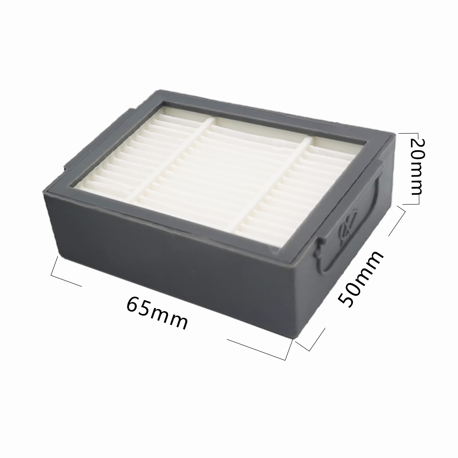Ein rechteckiger Luftfilter in einem grauen Rahmen. Der Filter ist weiß mit horizontalen Linien.