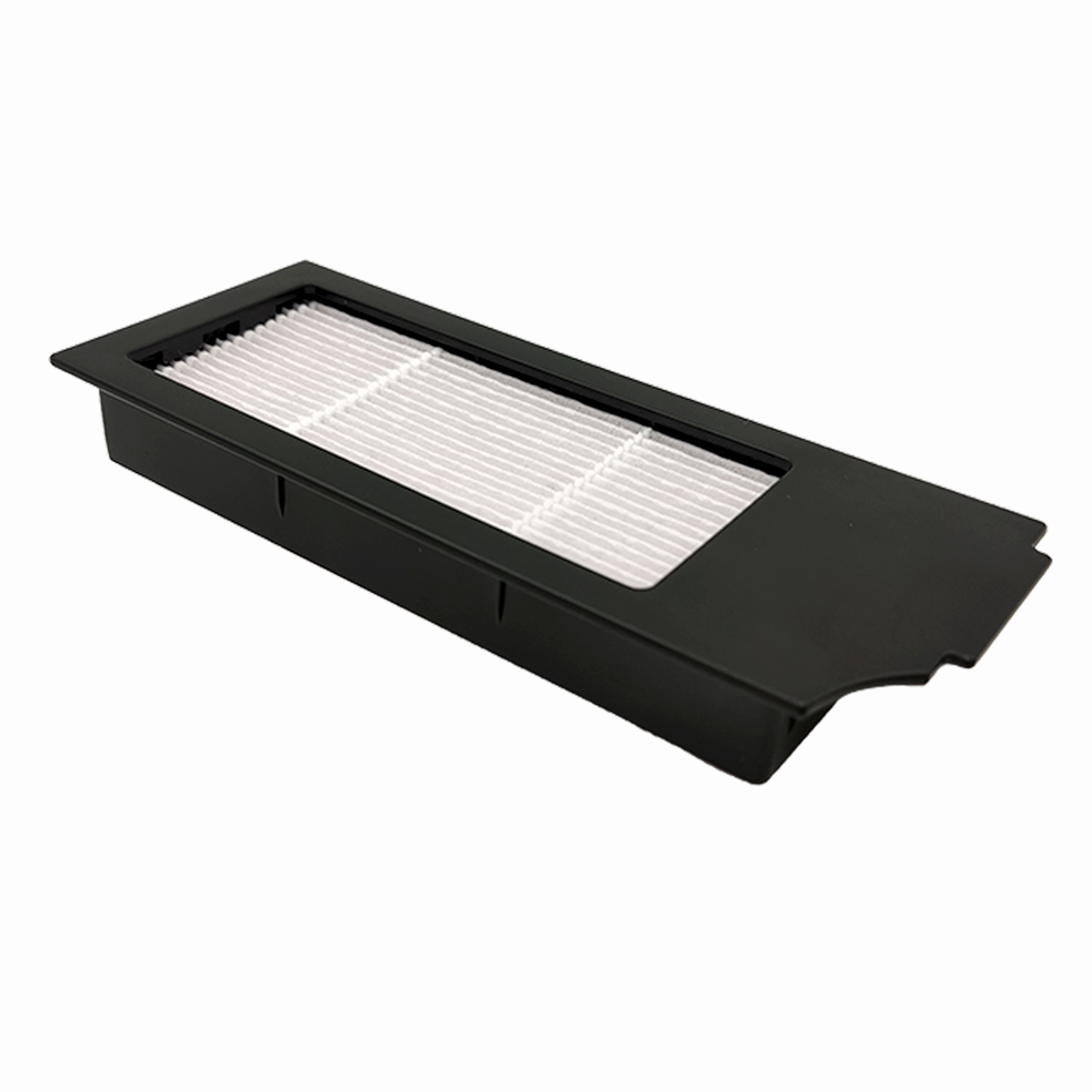 Un filtre à air noir avec un média filtrant blanc, à l'intérieur d'un cadre noir.