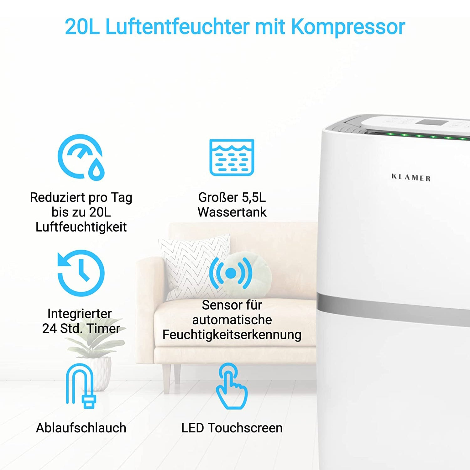 Ein weißer Luftentfeuchter mit Text, der seine Funktionen angibt. Enthält einen 5,5-Liter-Tank, einen 24-Stunden-Timer und einen LED-Touchscreen.