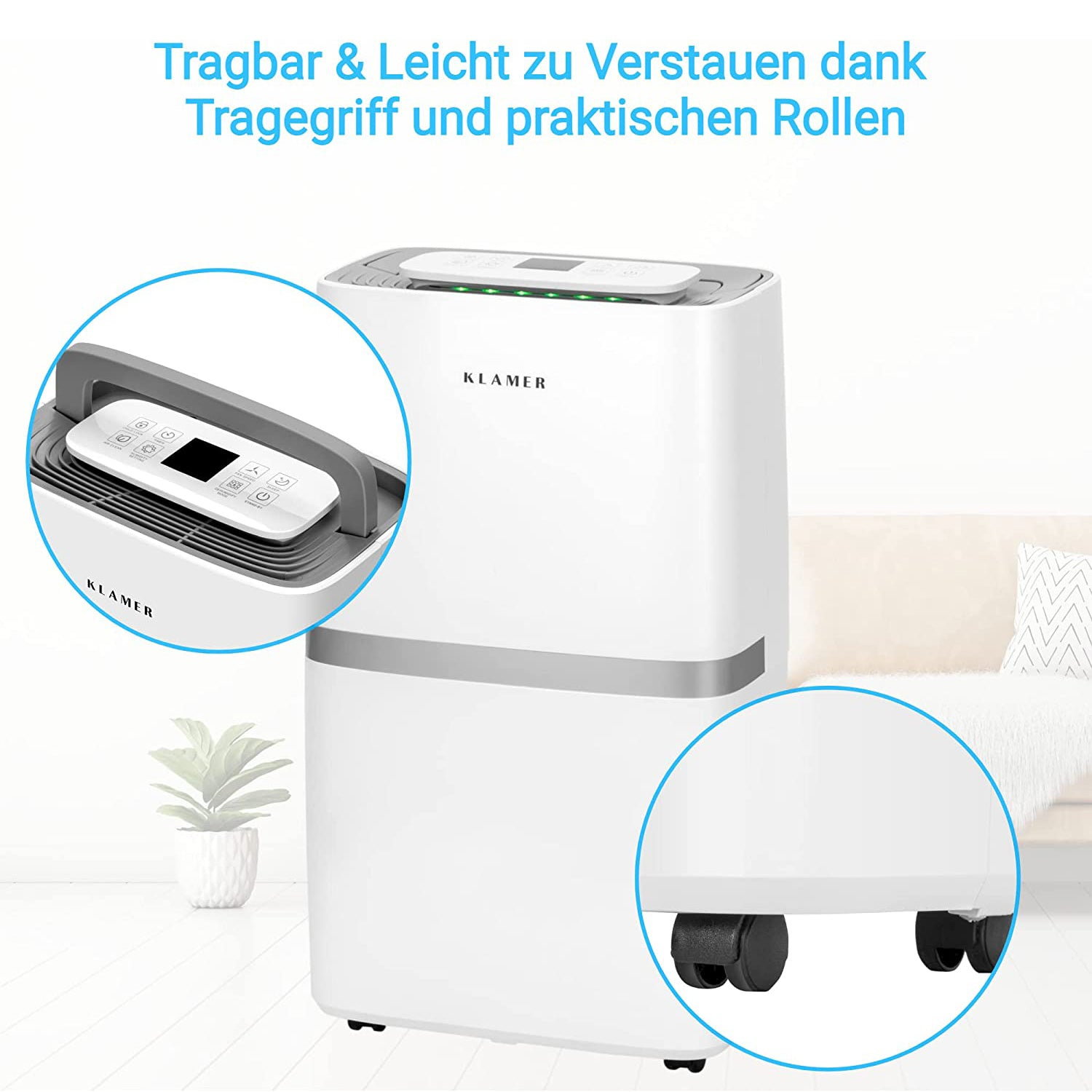 Ein weiß-grauer Luftreiniger mit Fernbedienung und Rädern, in einem Zuhause aufgestellt.