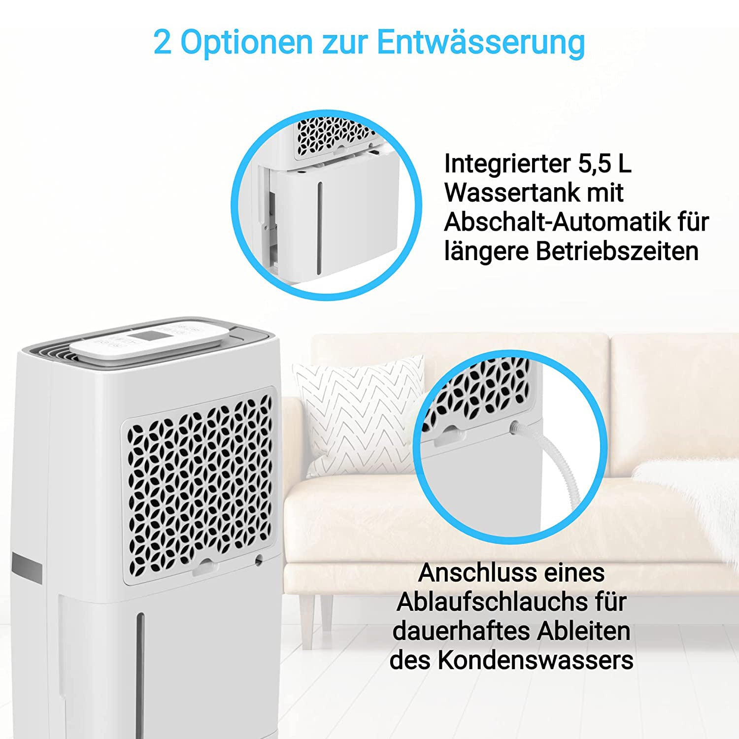 Weißer Luftentfeuchter mit Wassertank-Details und Anschlussmöglichkeiten, weißer Hintergrund.